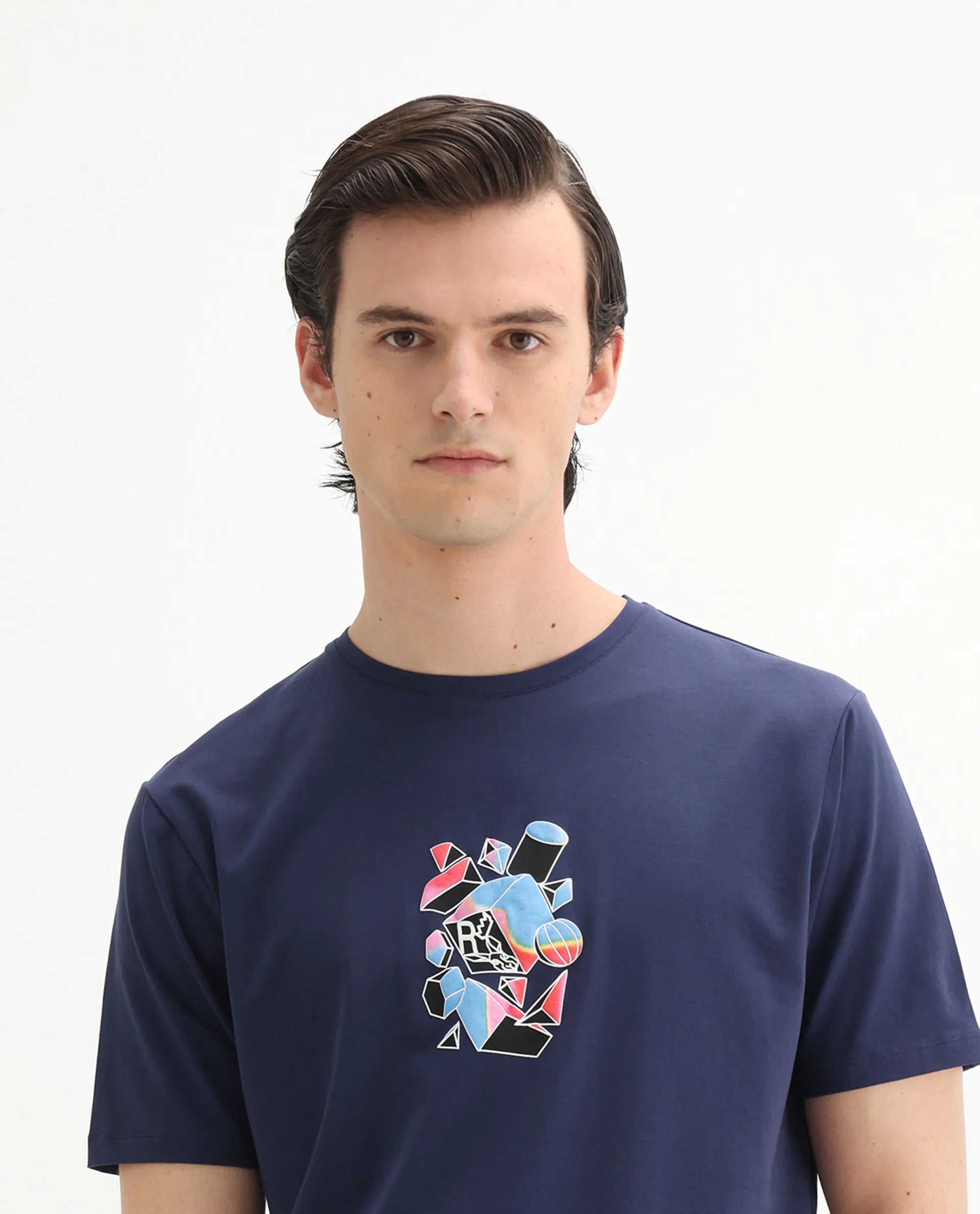 Rare Rabbit Men's Vazo Dark Blue Cotton Blend Graphic Print Regular Fit Half Sleeve Crew Neck T-Shirt