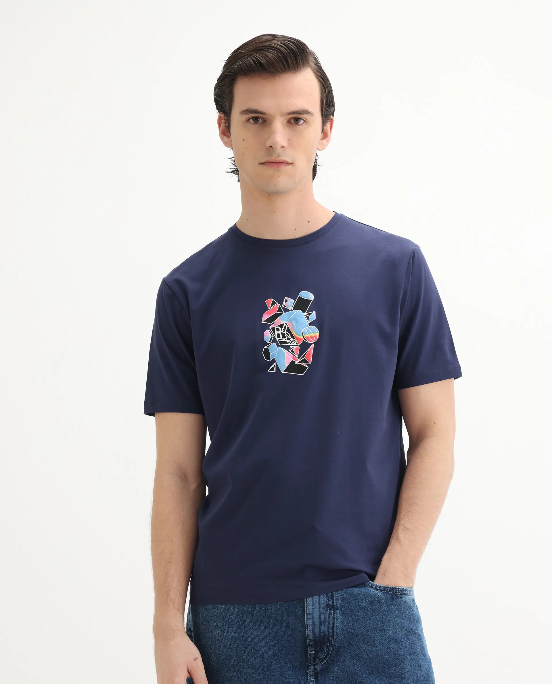 Rare Rabbit Men's Vazo Dark Blue Cotton Blend Graphic Print Regular Fit Half Sleeve Crew Neck T-Shirt