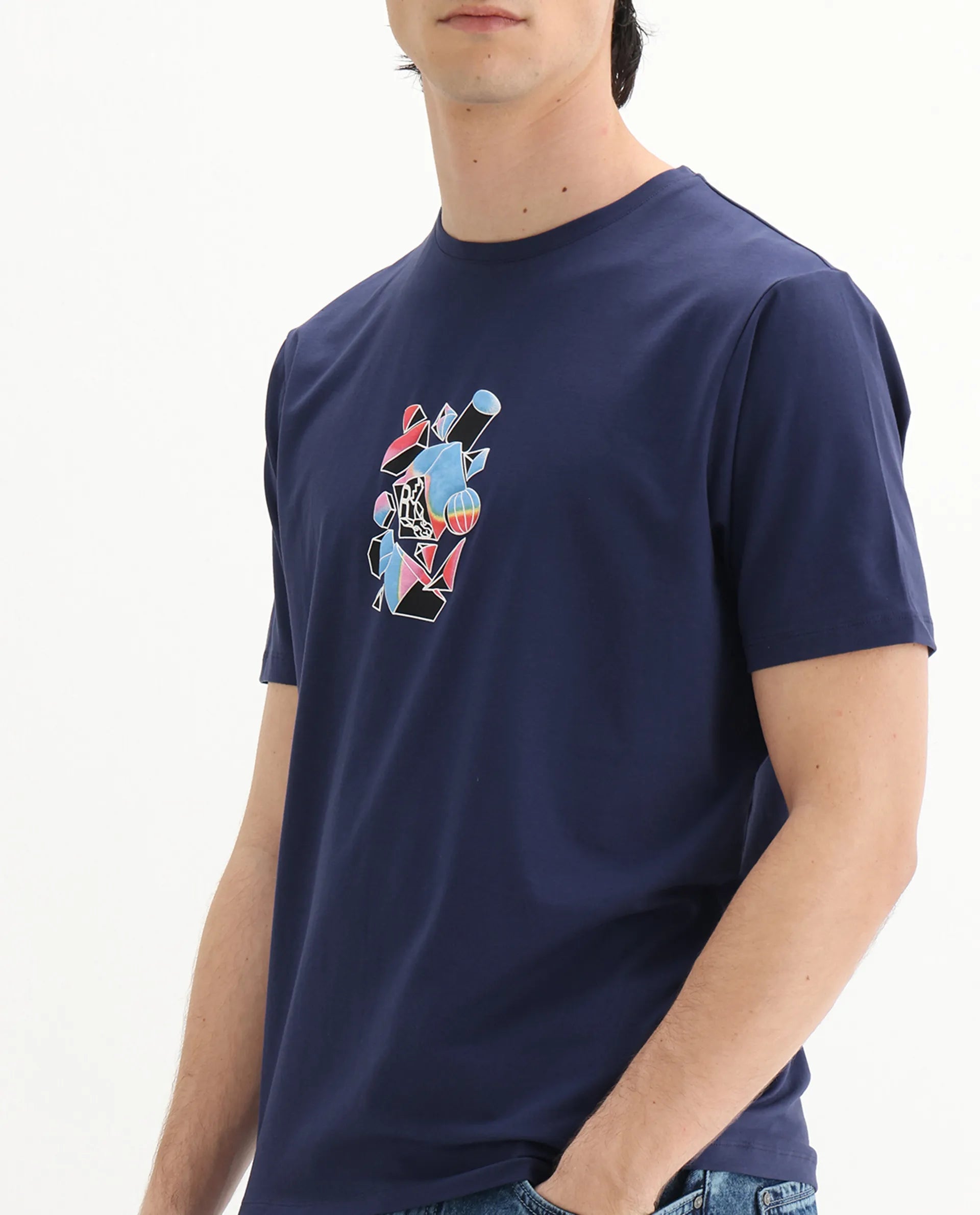 Rare Rabbit Men's Vazo Dark Blue Cotton Blend Graphic Print Regular Fit Half Sleeve Crew Neck T-Shirt