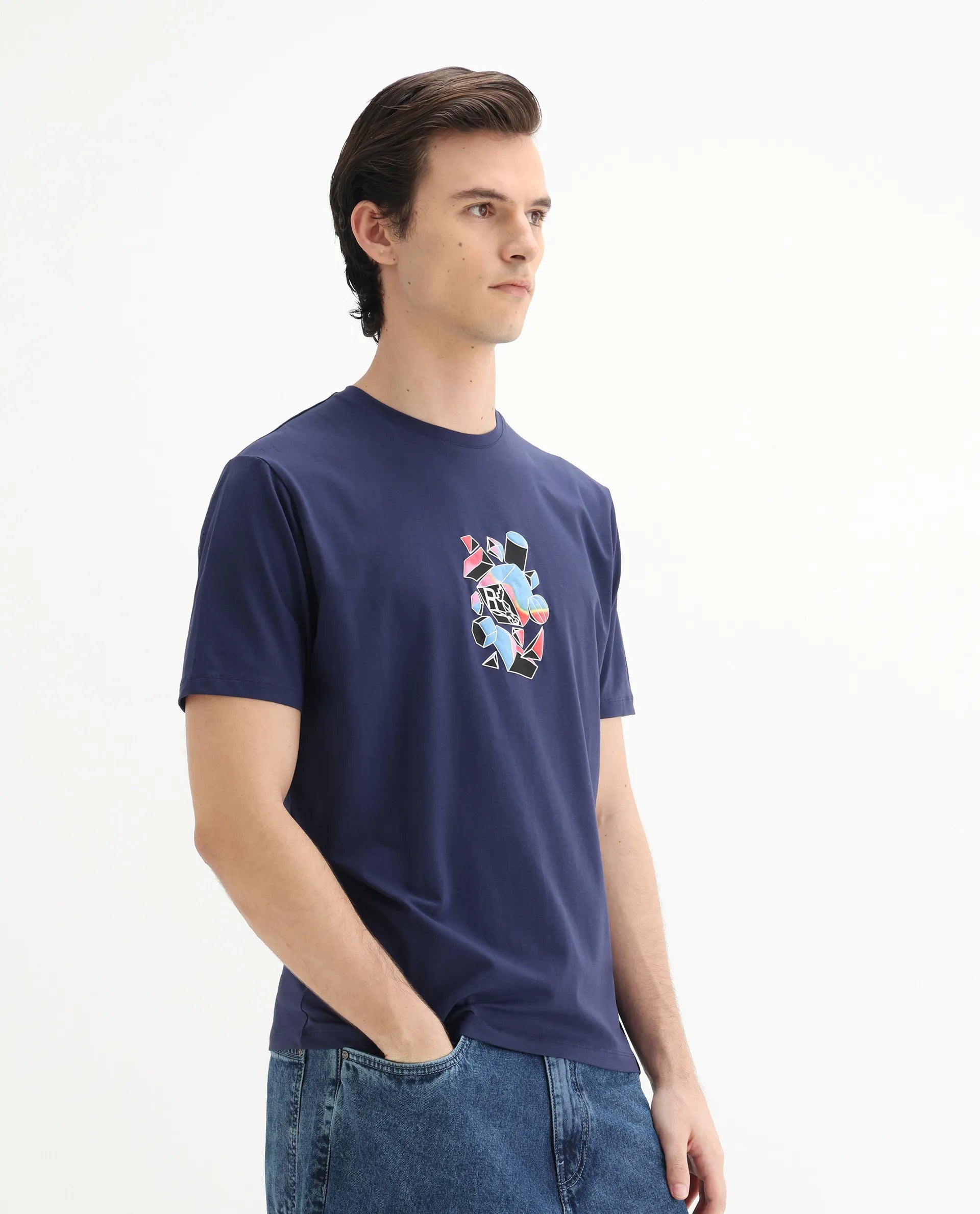 Rare Rabbit Men's Vazo Dark Blue Cotton Blend Graphic Print Regular Fit Half Sleeve Crew Neck T-Shirt