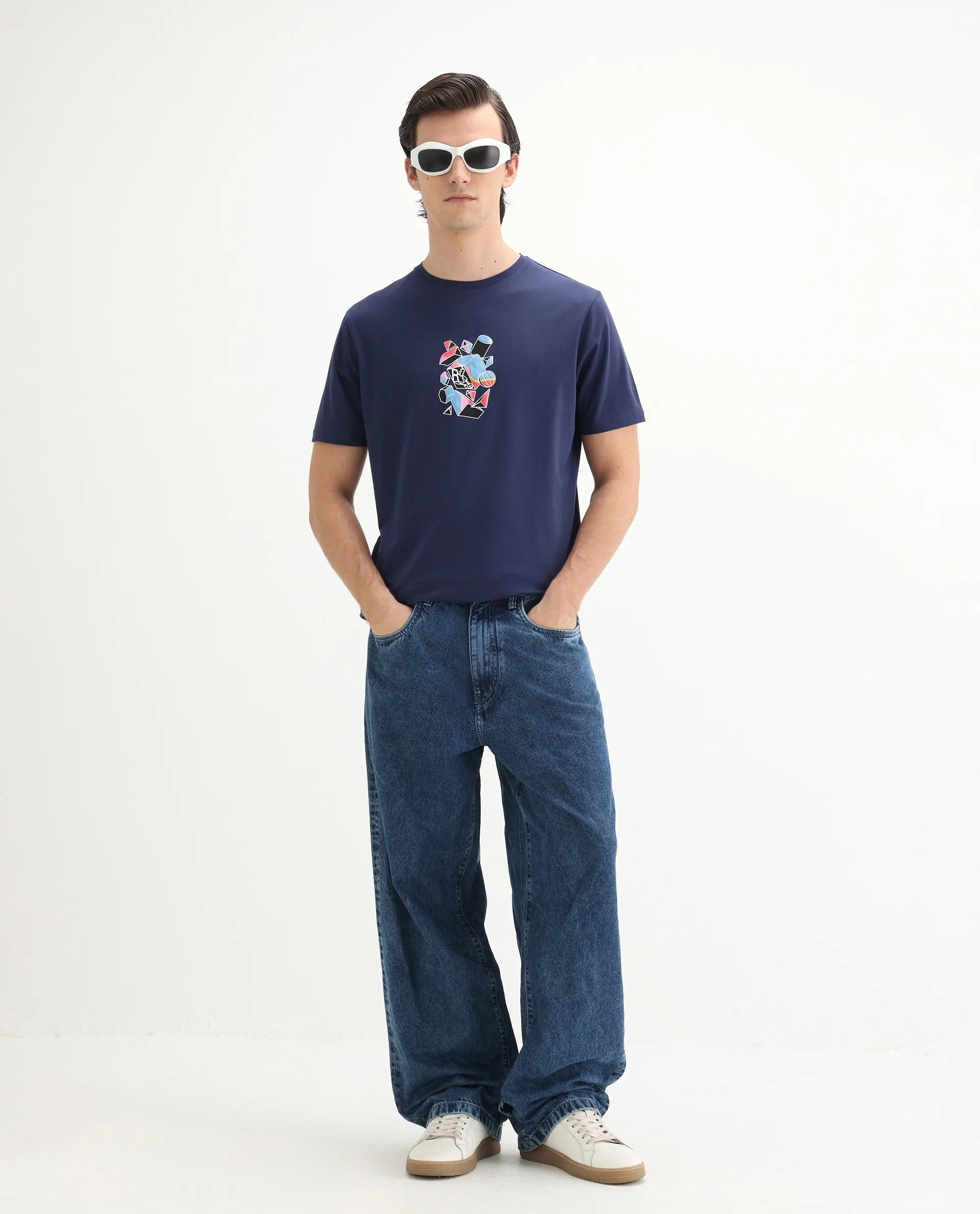 Rare Rabbit Men's Vazo Dark Blue Cotton Blend Graphic Print Regular Fit Half Sleeve Crew Neck T-Shirt