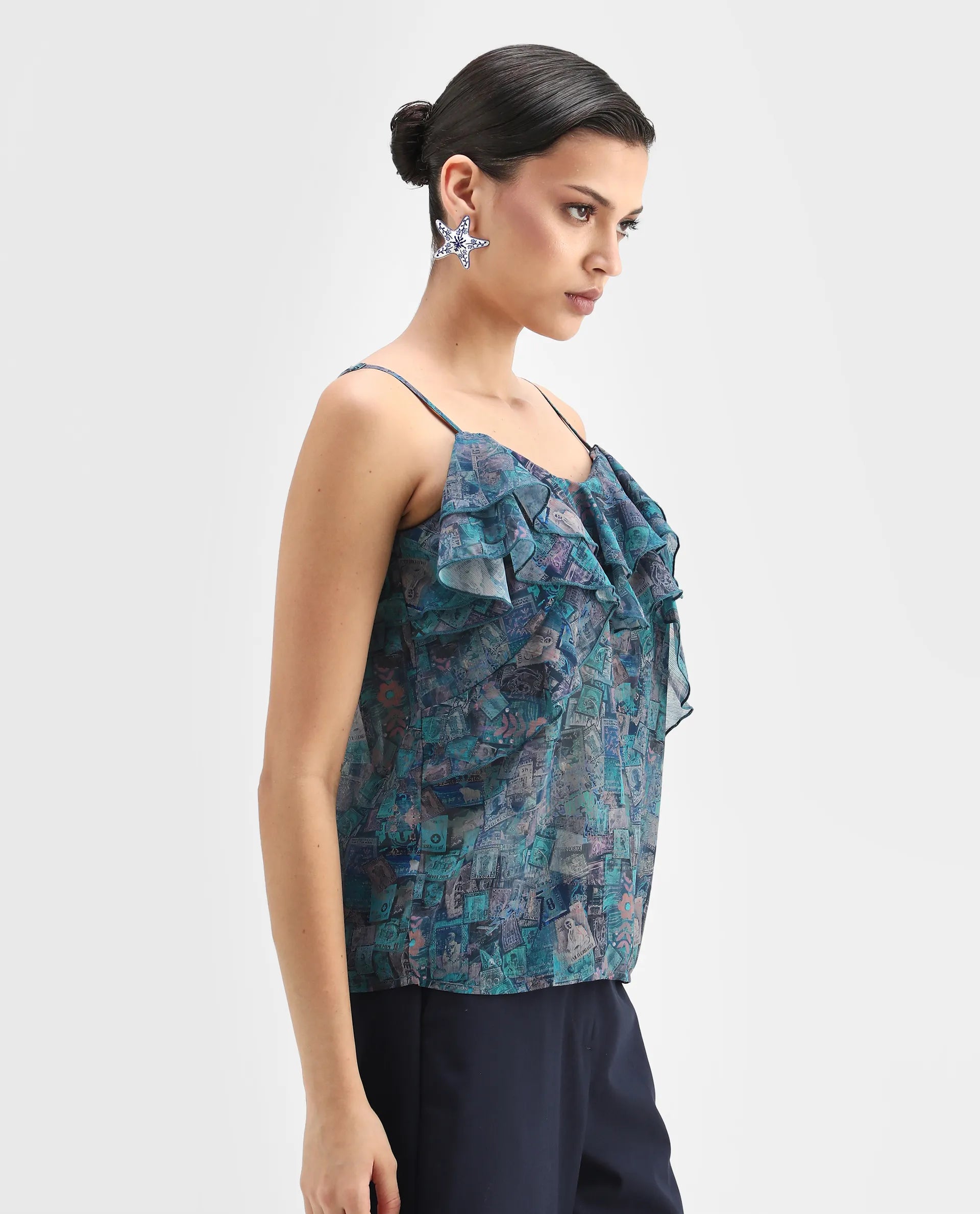 Rareism Women's Vciktg Multi Polyester V-Neck Object Print Sleeveless Regular Fit Top