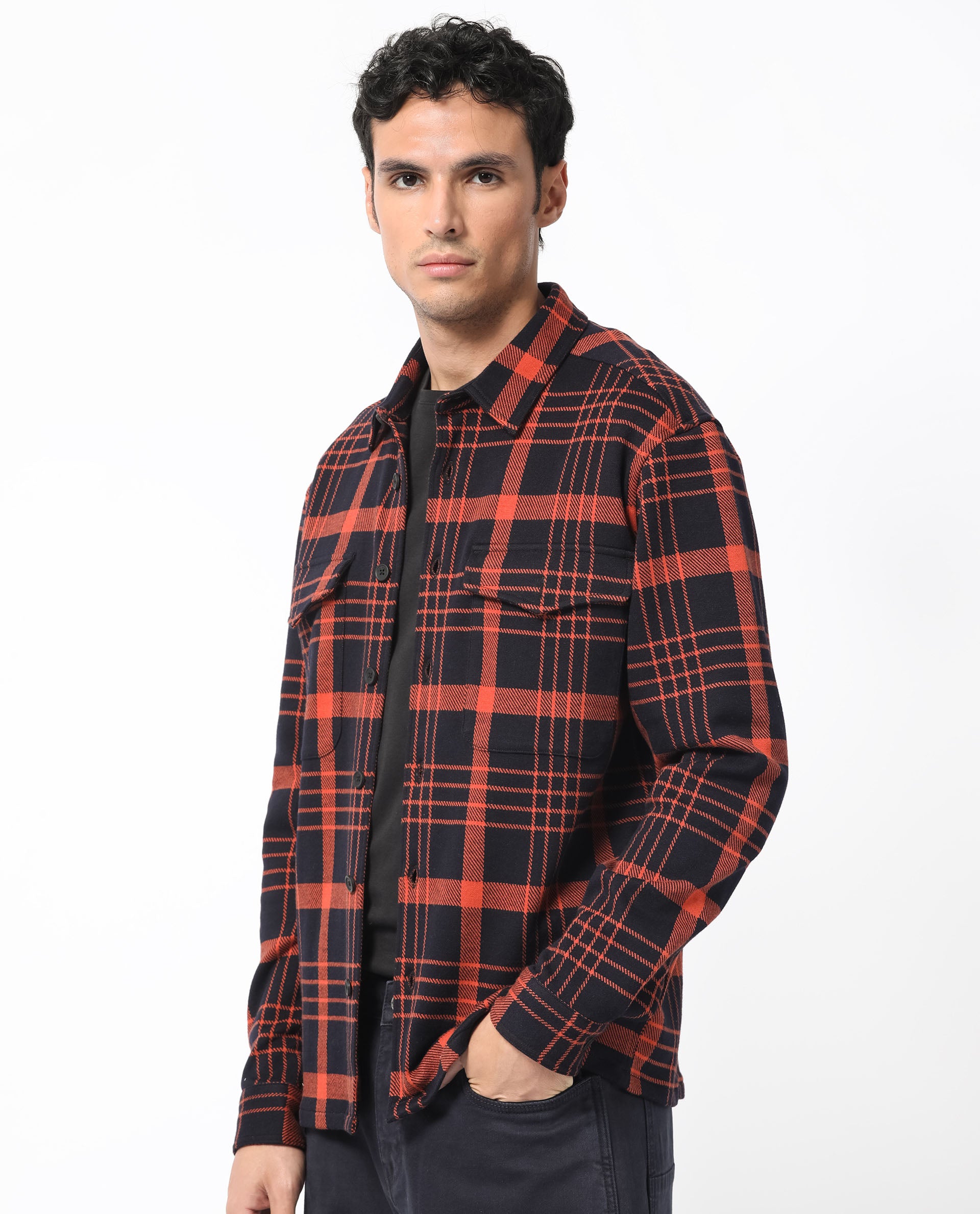 Rare Rabbit Men's Vega Black Cotton Polyester Fabric Full Sleeves Button Closure Checks Shacket