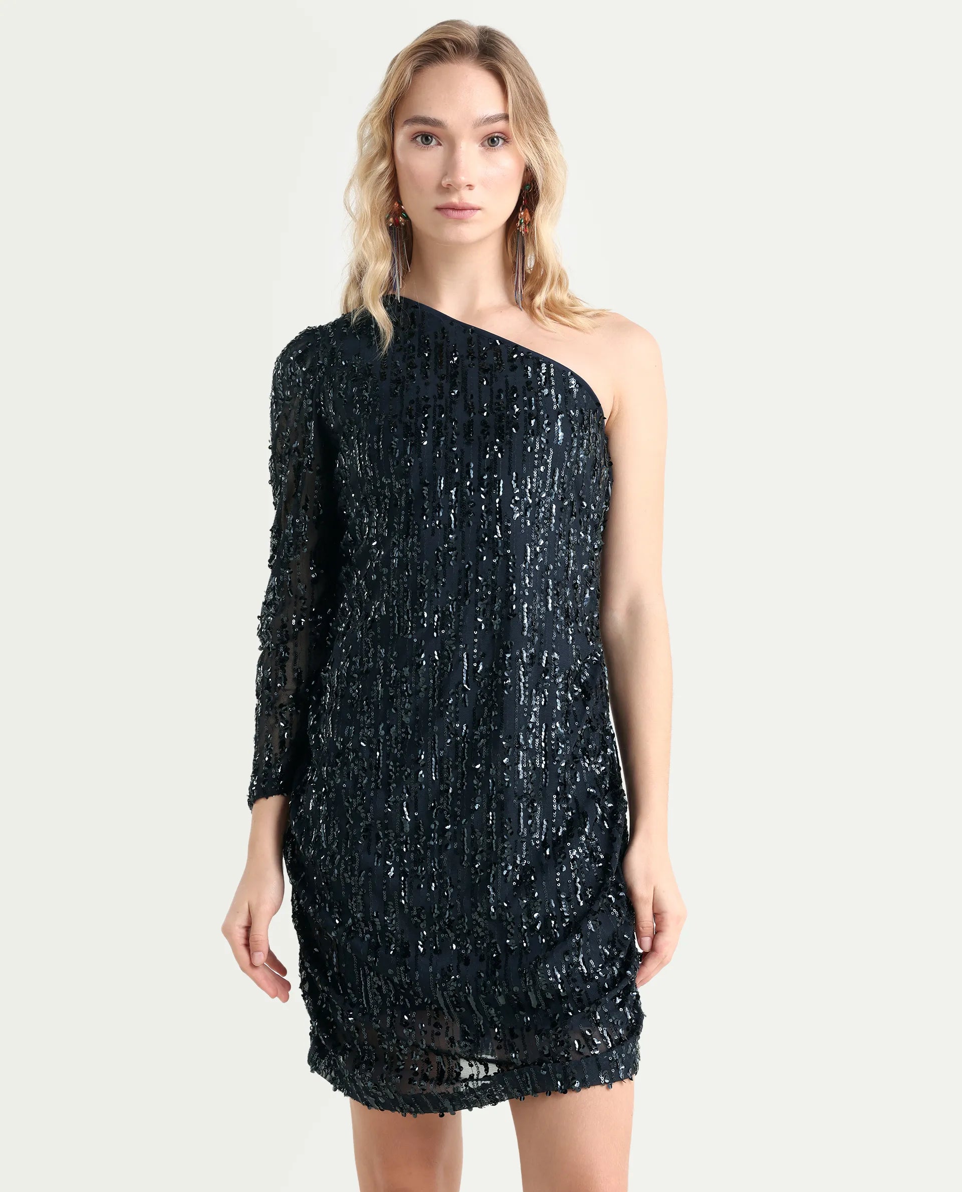 Rareism Women's Vegas Metallic Navy Knit One Shoulder Sequined One Shoulder Knee Length Bodycon Dress