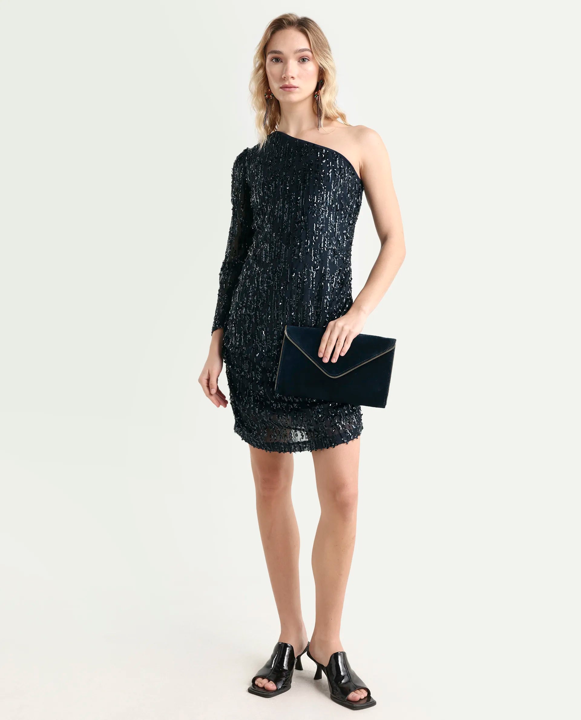 Rareism Women's Vegas Metallic Navy Knit One Shoulder Sequined One Shoulder Knee Length Bodycon Dress