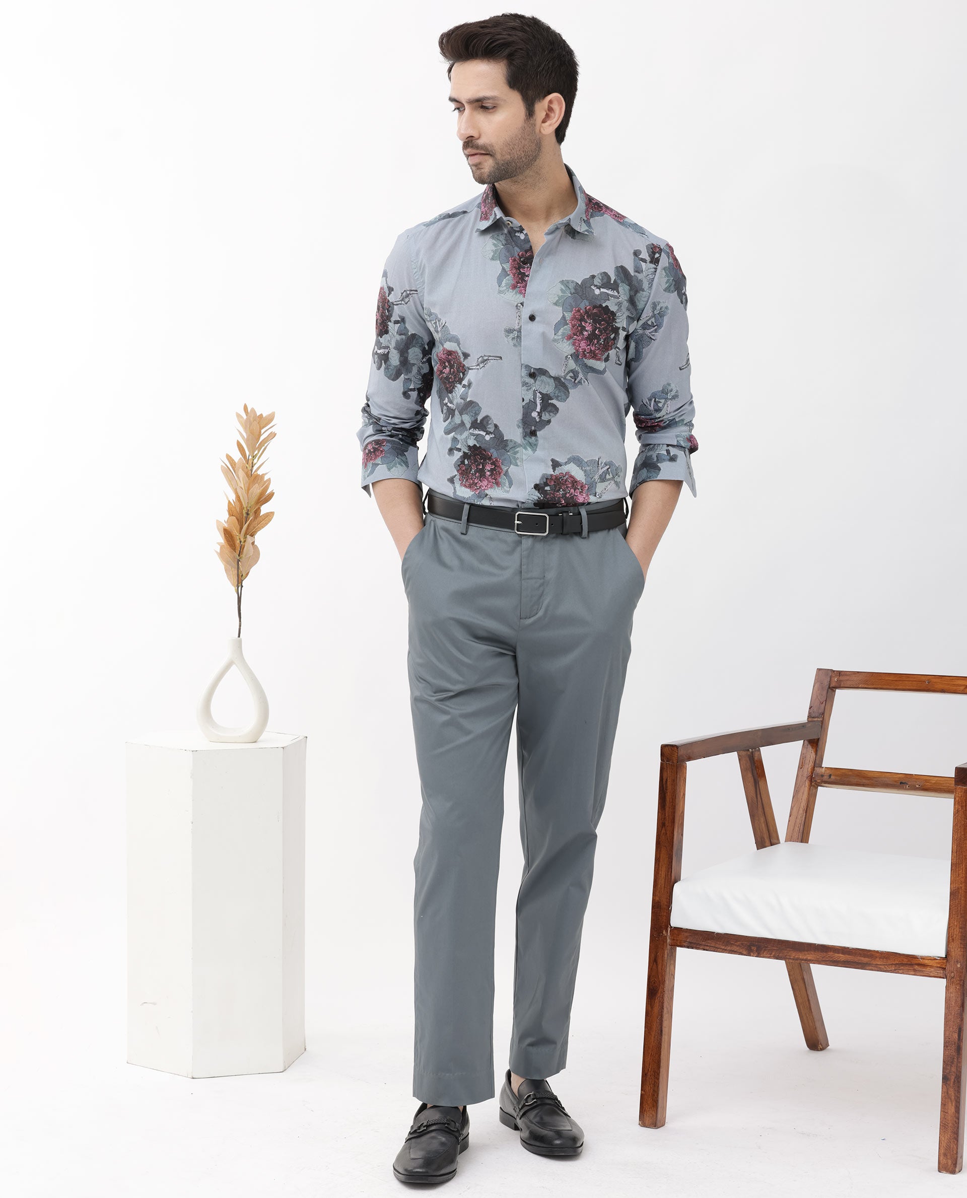 Rare Rabbit Mens Velem Grey Viscose Fabric Full Sleeve Regular Fit Floral Print Shirt