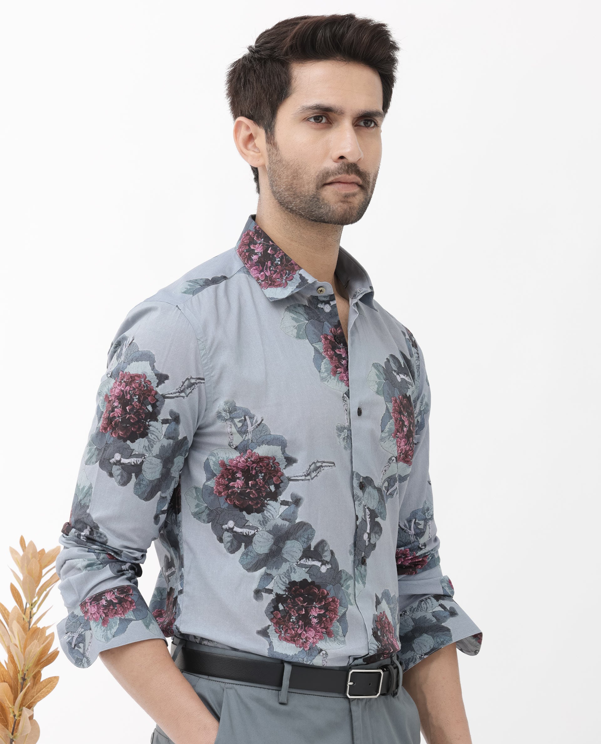 Rare Rabbit Mens Velem Grey Viscose Fabric Full Sleeve Regular Fit Floral Print Shirt