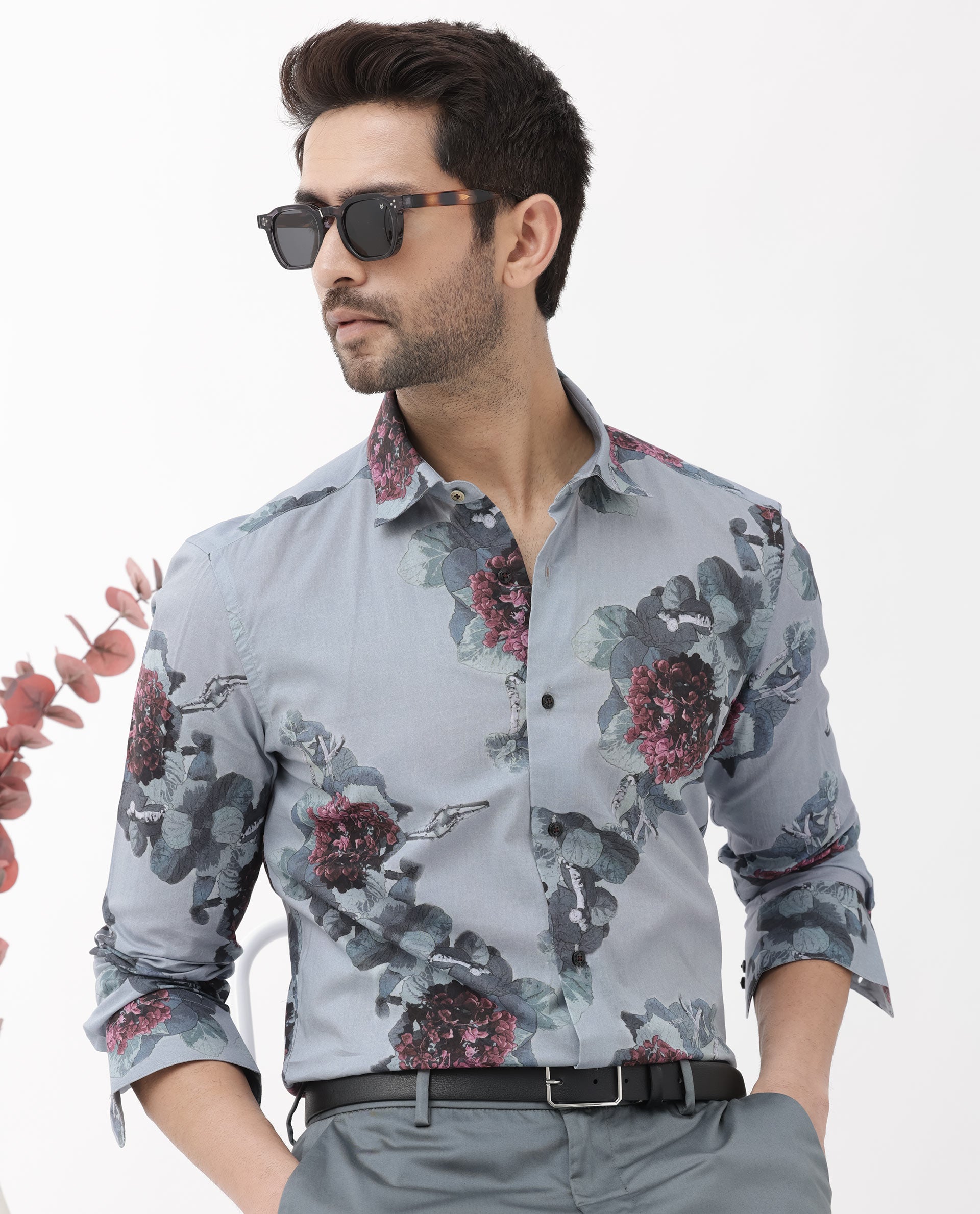 Rare Rabbit Mens Velem Grey Viscose Fabric Full Sleeve Regular Fit Floral Print Shirt
