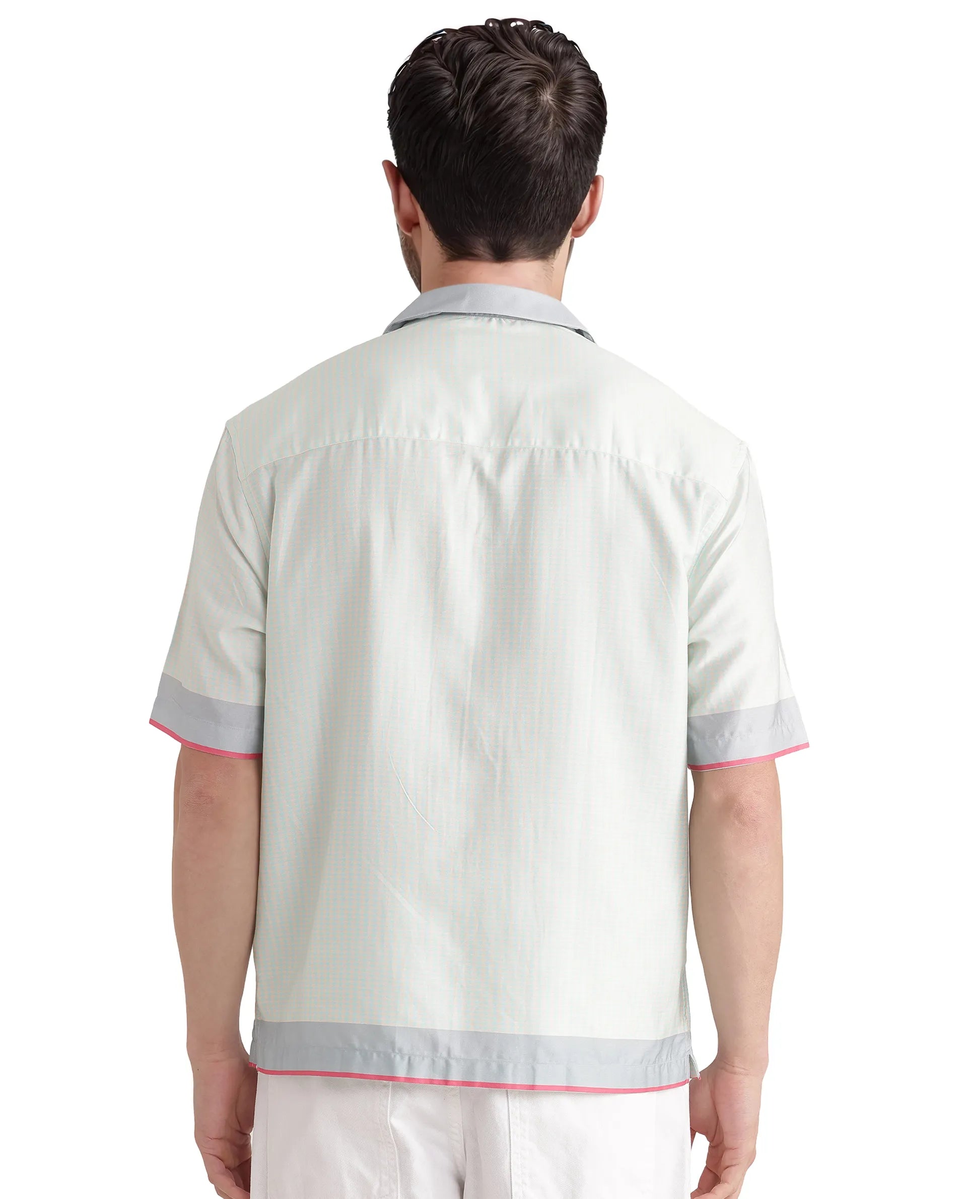 Rare Rabbit Men Velix Blue Cotton Modal Fabric Cuban Collared Boxy Fit Houndstooth Print Shirt