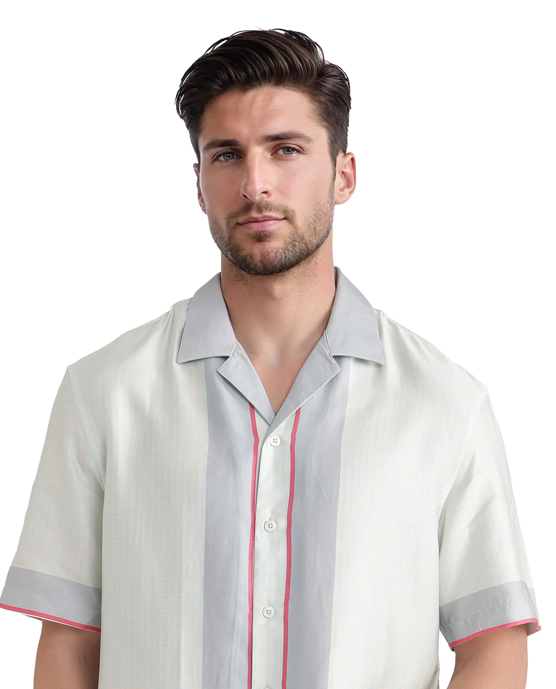 Rare Rabbit Men Velix Blue Cotton Modal Fabric Cuban Collared Boxy Fit Houndstooth Print Shirt