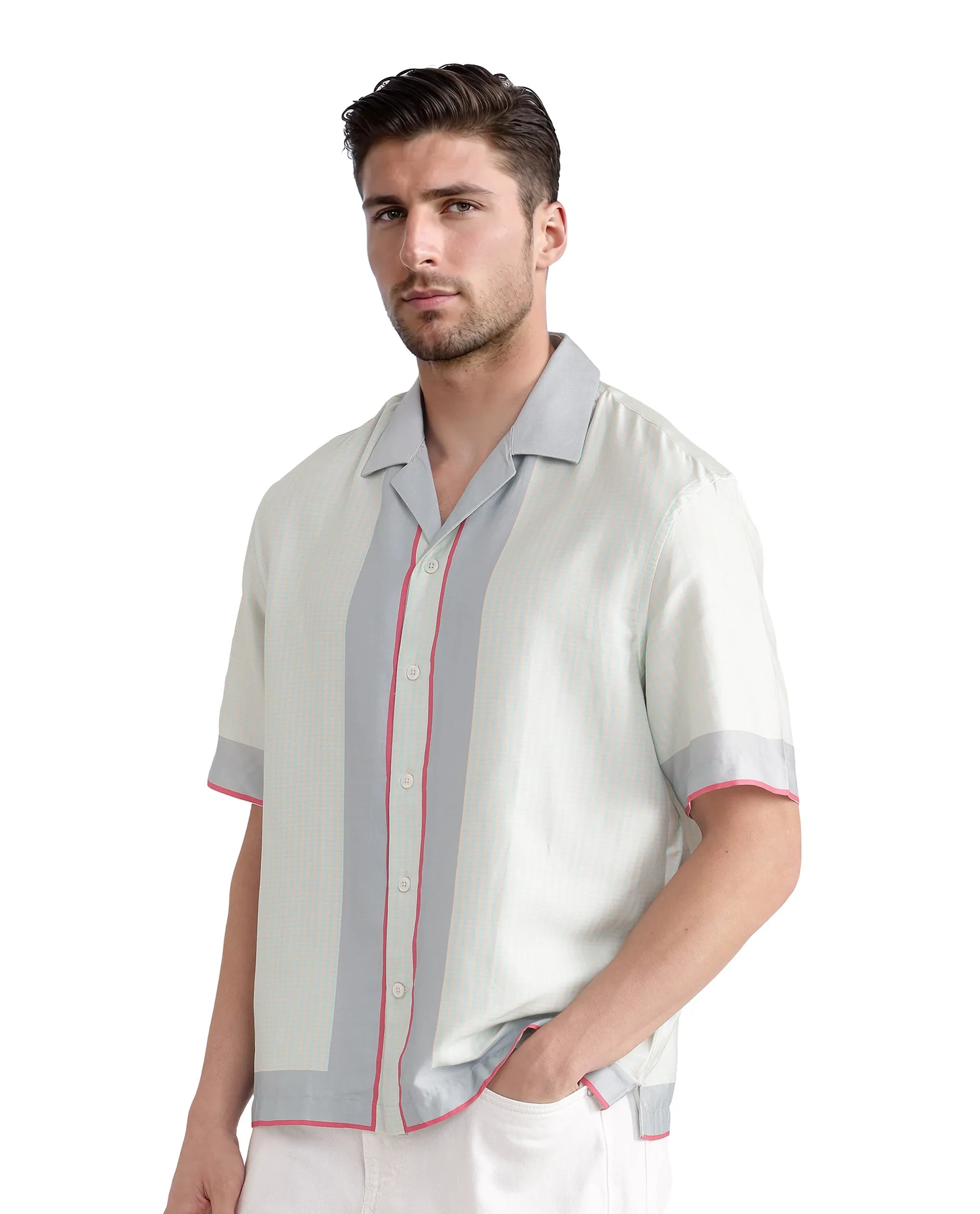 Rare Rabbit Men Velix Blue Cotton Modal Fabric Cuban Collared Boxy Fit Houndstooth Print Shirt