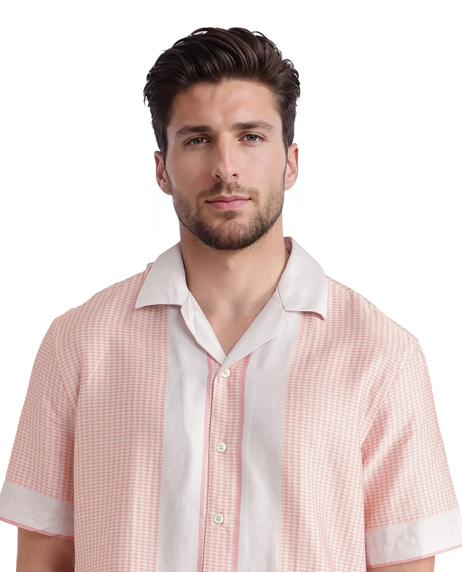 Rare Rabbit Men Velix Light Pink Cotton Modal Fabric Cuban Collared Boxy Fit Houndstooth Print Shirt