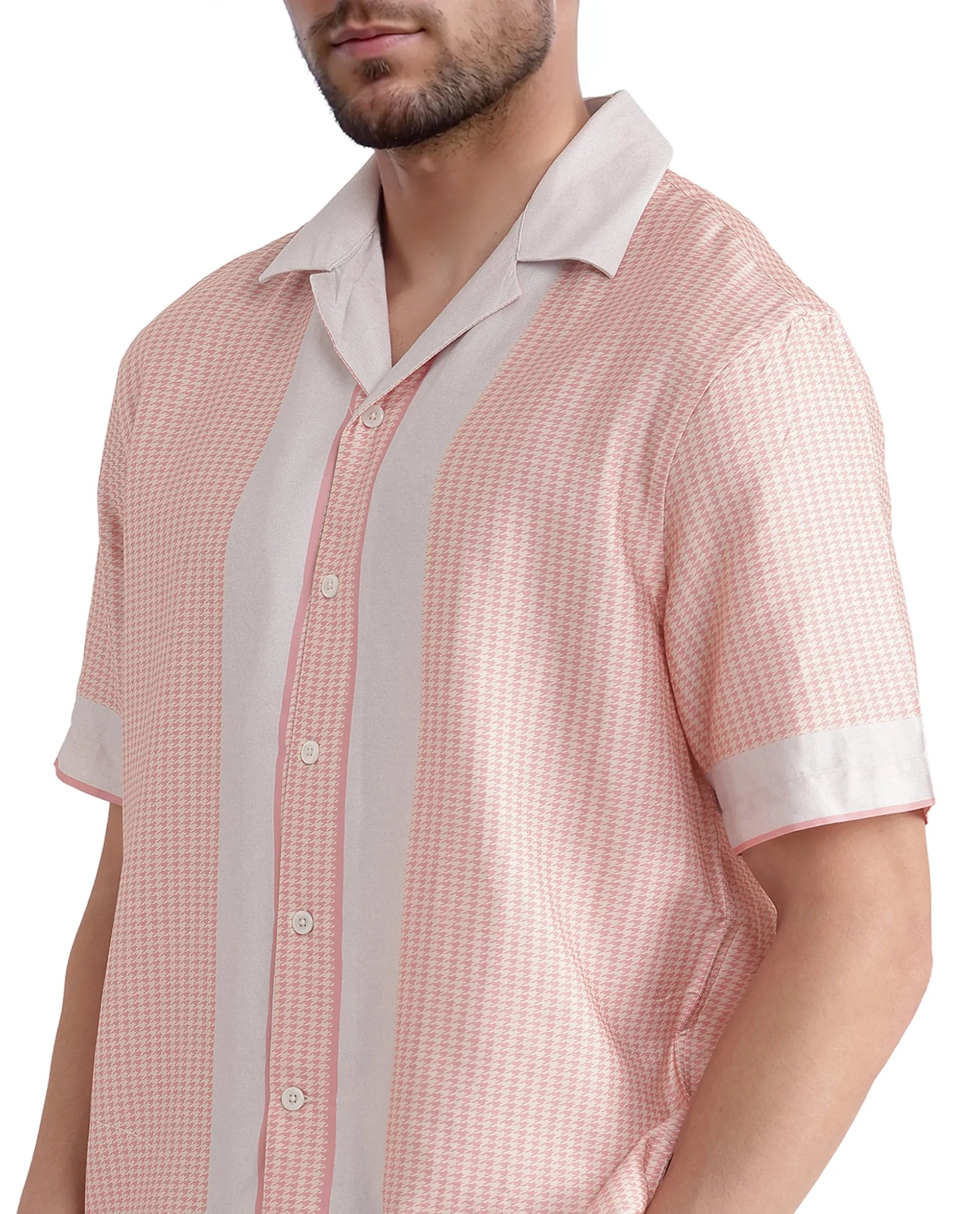 Rare Rabbit Men Velix Light Pink Cotton Modal Fabric Cuban Collared Boxy Fit Houndstooth Print Shirt