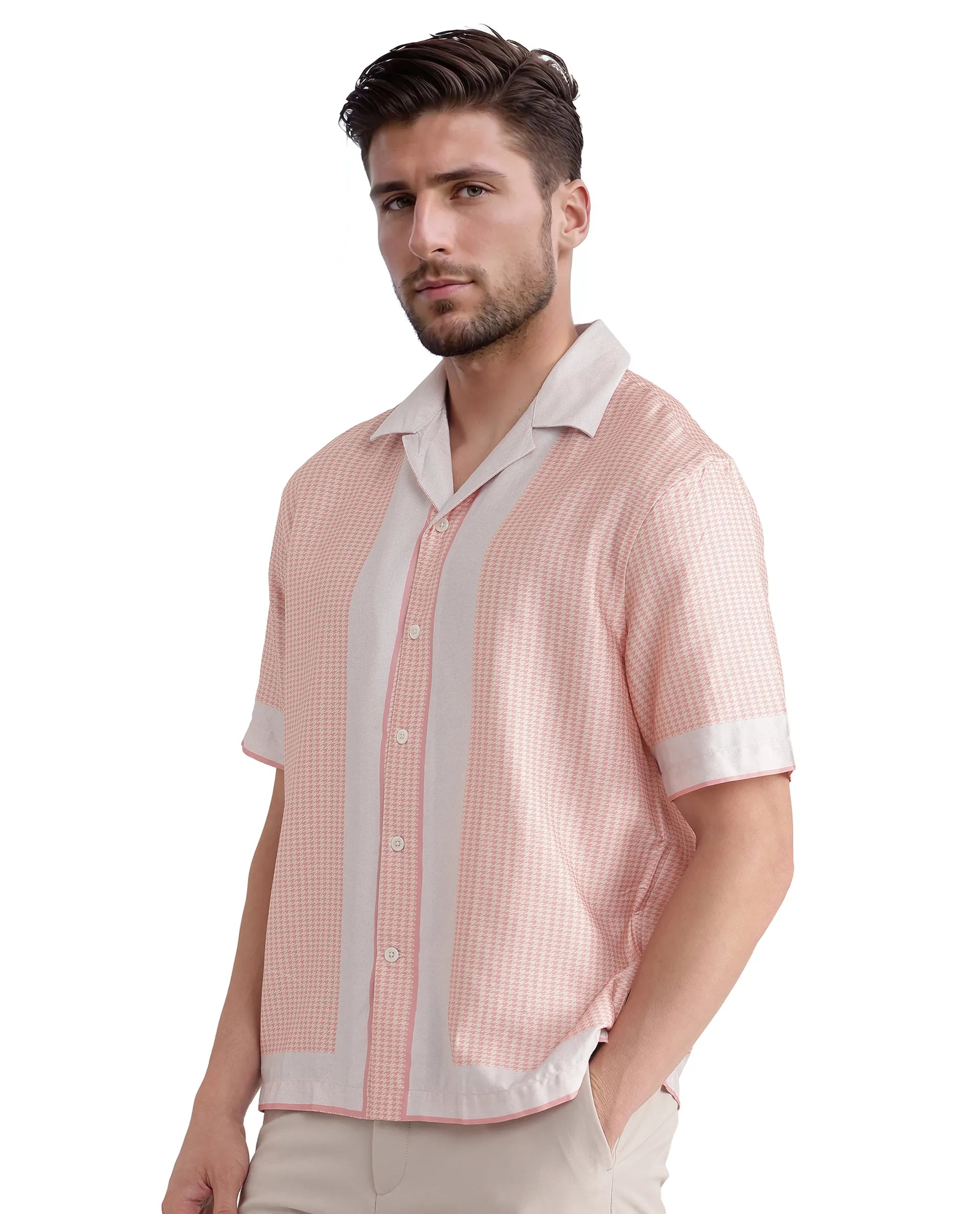 Rare Rabbit Men Velix Light Pink Cotton Modal Fabric Cuban Collared Boxy Fit Houndstooth Print Shirt