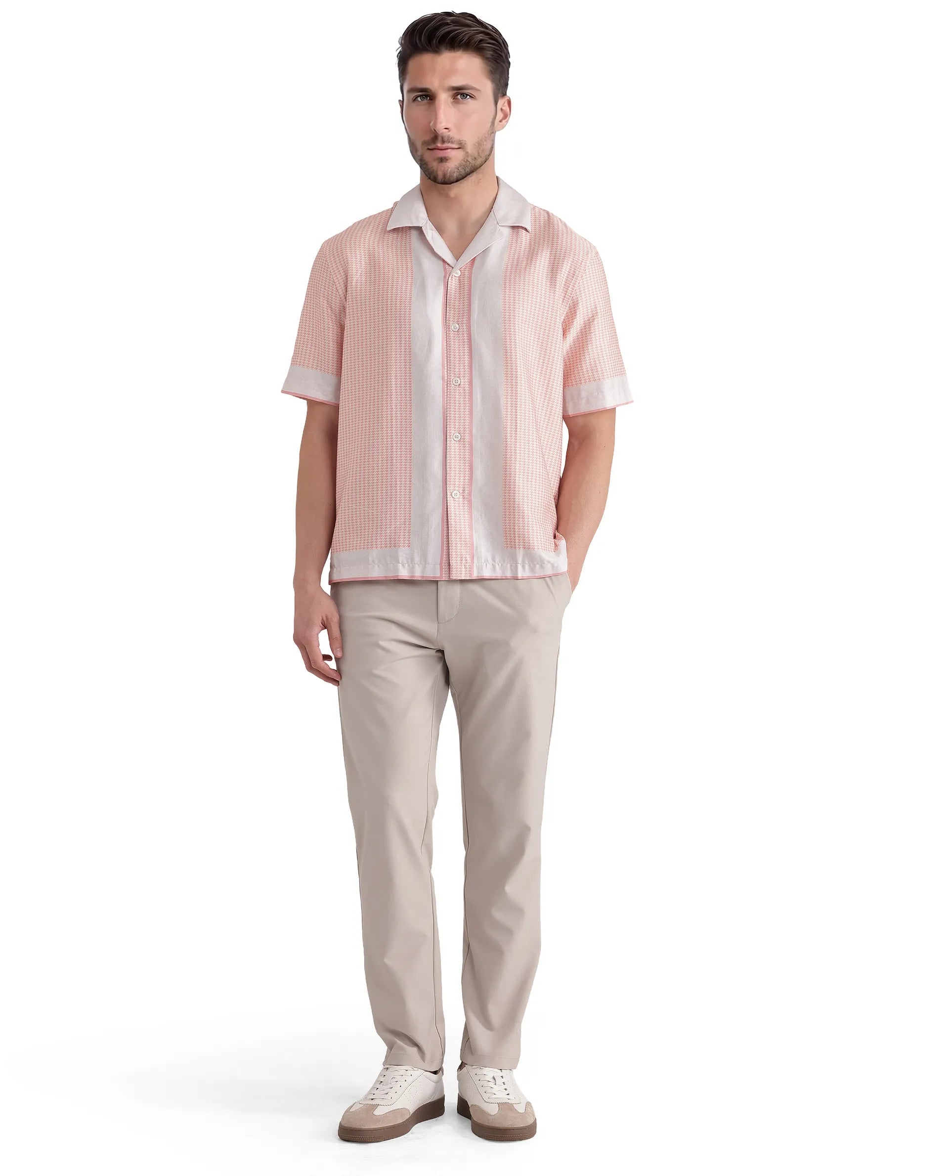 Rare Rabbit Men Velix Light Pink Cotton Modal Fabric Cuban Collared Boxy Fit Houndstooth Print Shirt