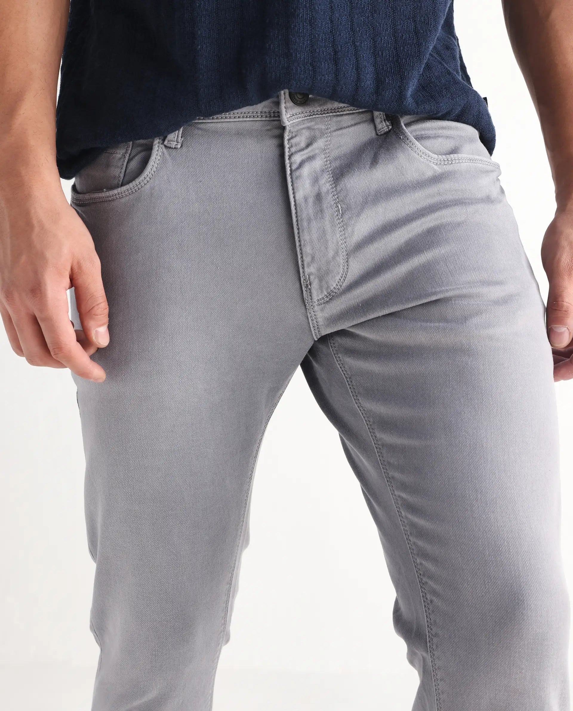 Rare Rabbit Men's Velles Light Grey Cotton Plain Hawk Slim Fit Jeans