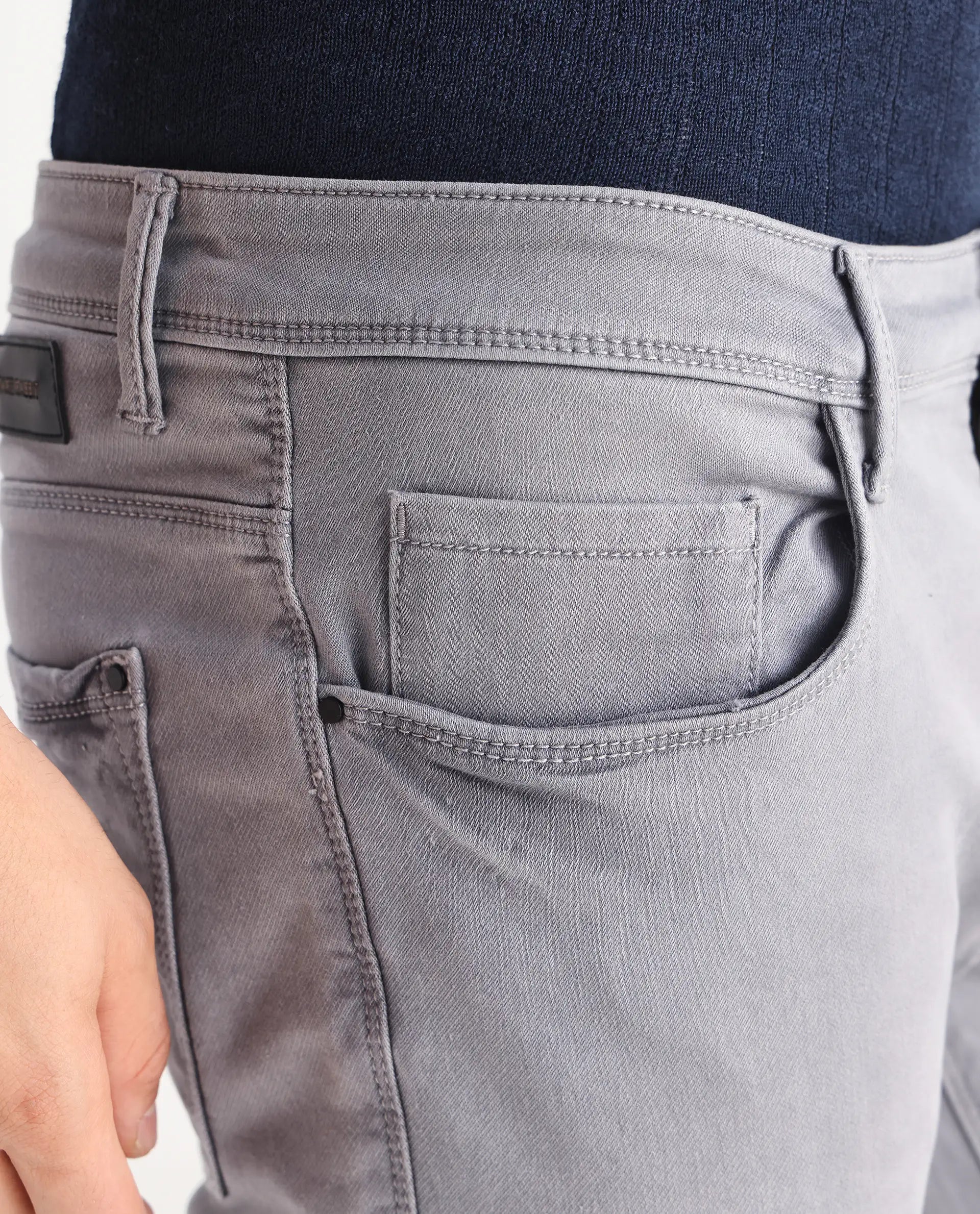 Rare Rabbit Men's Velles Light Grey Cotton Plain Hawk Slim Fit Jeans