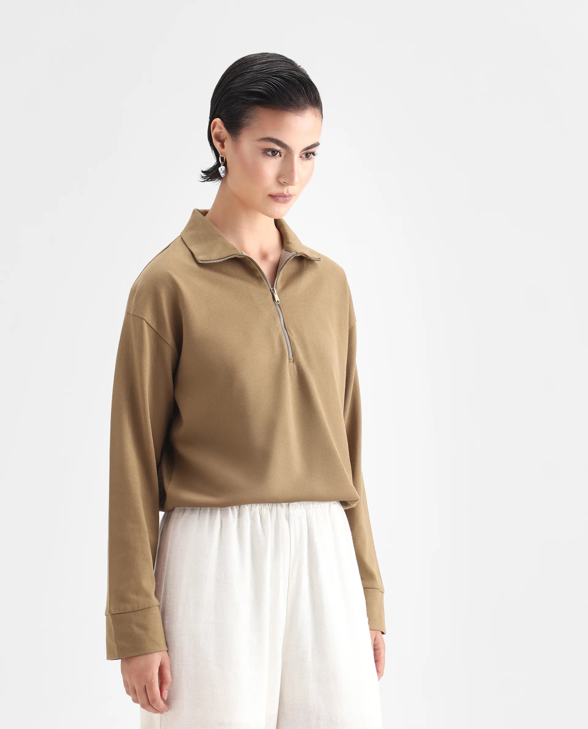 Rareism Women's Velma Dark Beige Nylon Blend High Neck Plain Crop Relaxed Fit Top