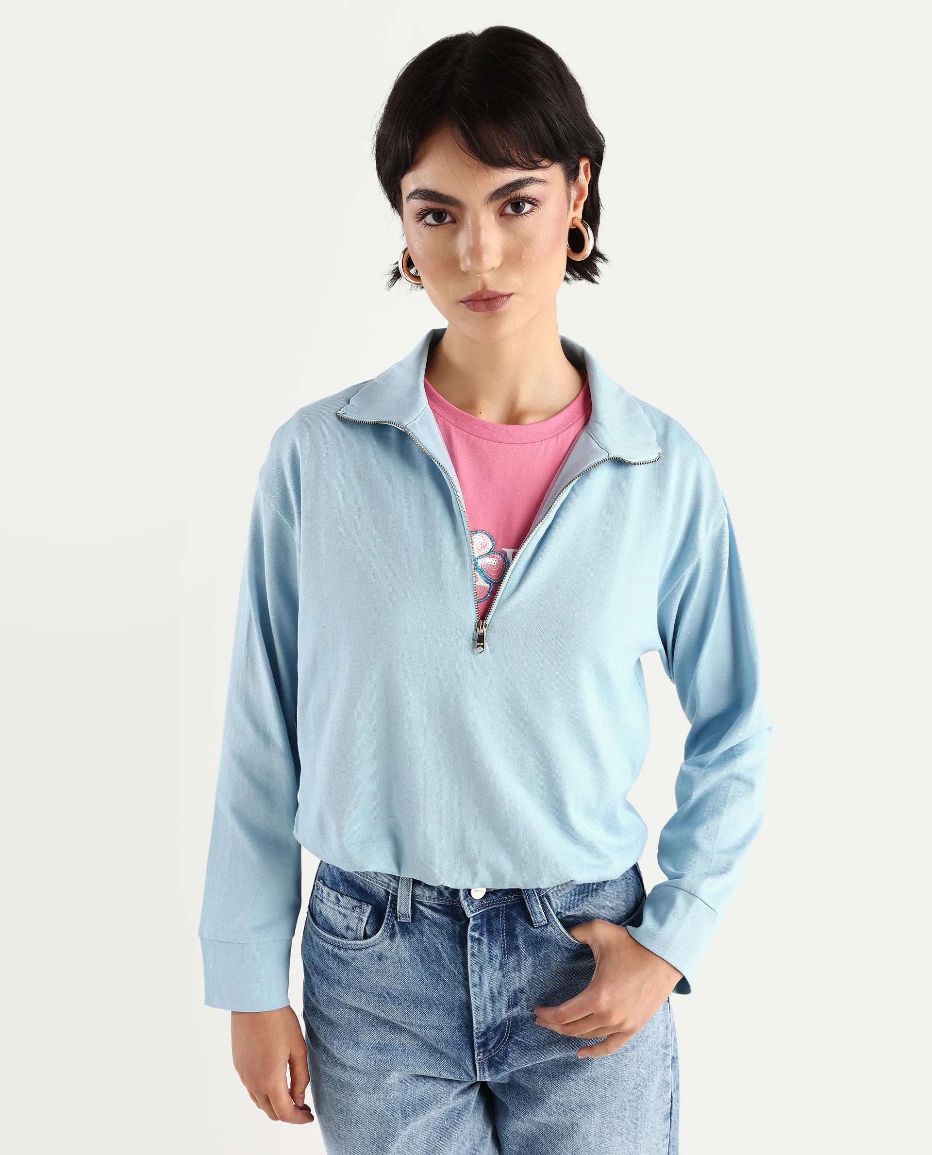 Rareism Women's Velma Light Blue Nylon Blend Drop Collar Plain Crop Relaxed Fit Top