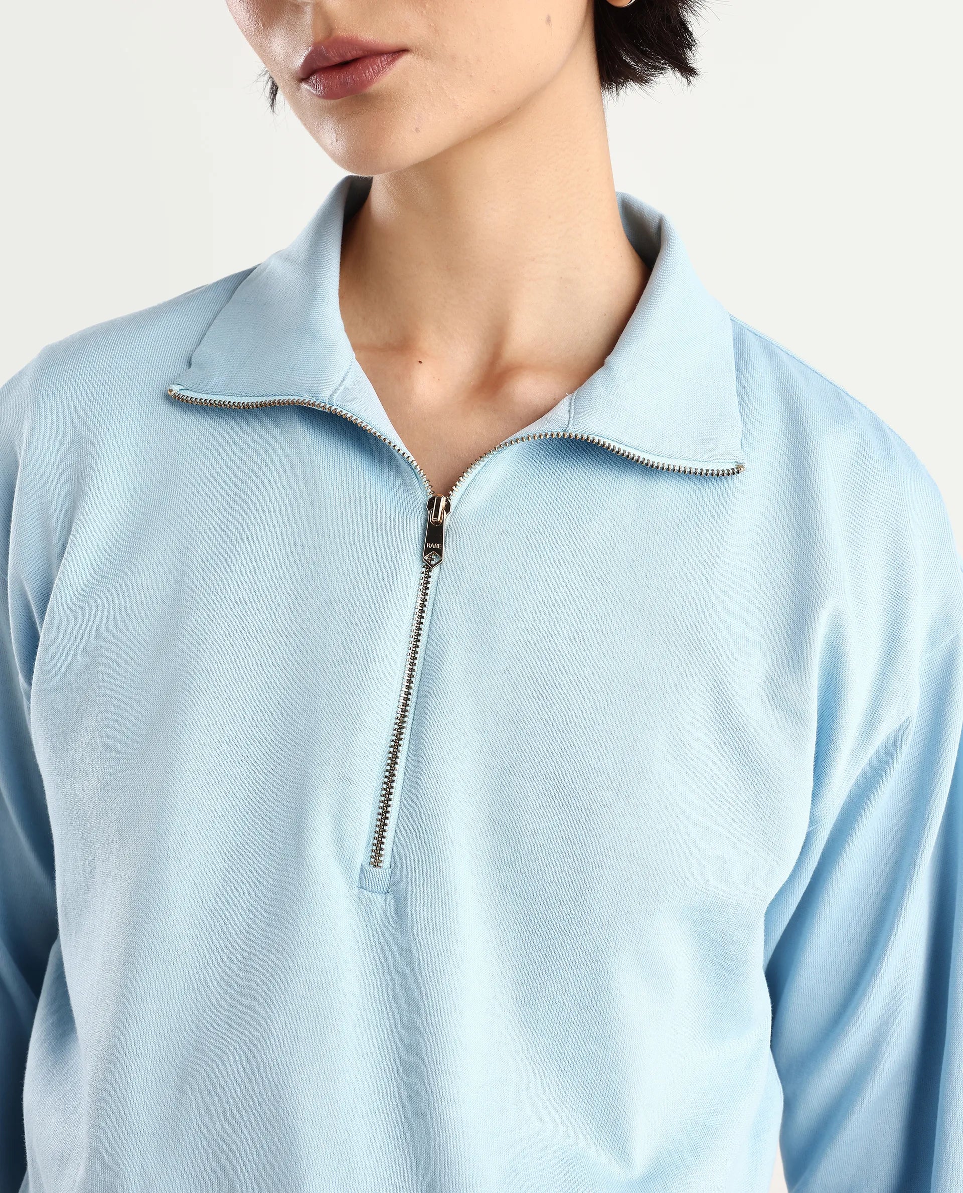 Rareism Women's Velma Light Blue Nylon Blend Drop Collar Plain Crop Relaxed Fit Top