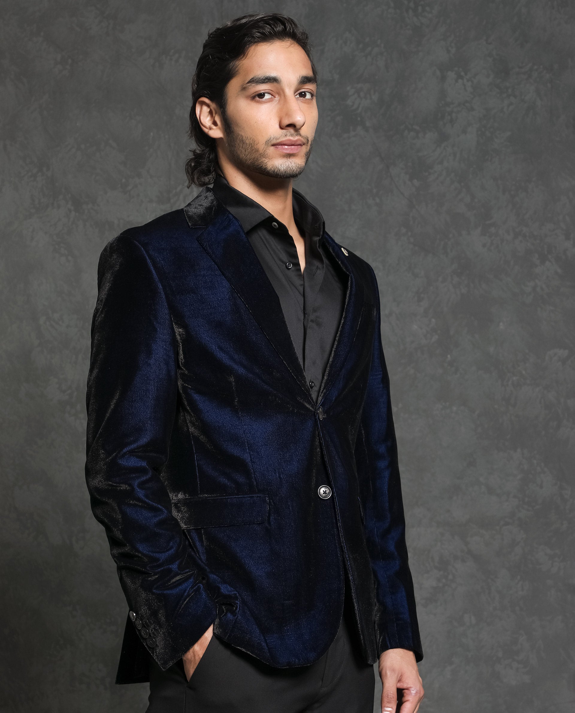 Rare Rabbit Men's Velter Dark Blue Polyester Viscose Fabric Single Breasted Tailored Fit Two Tone Velvet Blazer