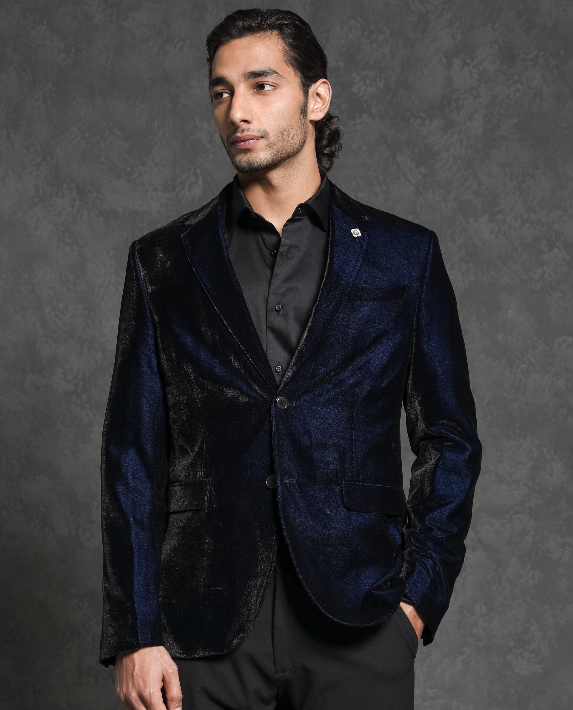 Rare Rabbit Men's Velter Dark Blue Polyester Viscose Fabric Single Breasted Tailored Fit Two Tone Velvet Blazer