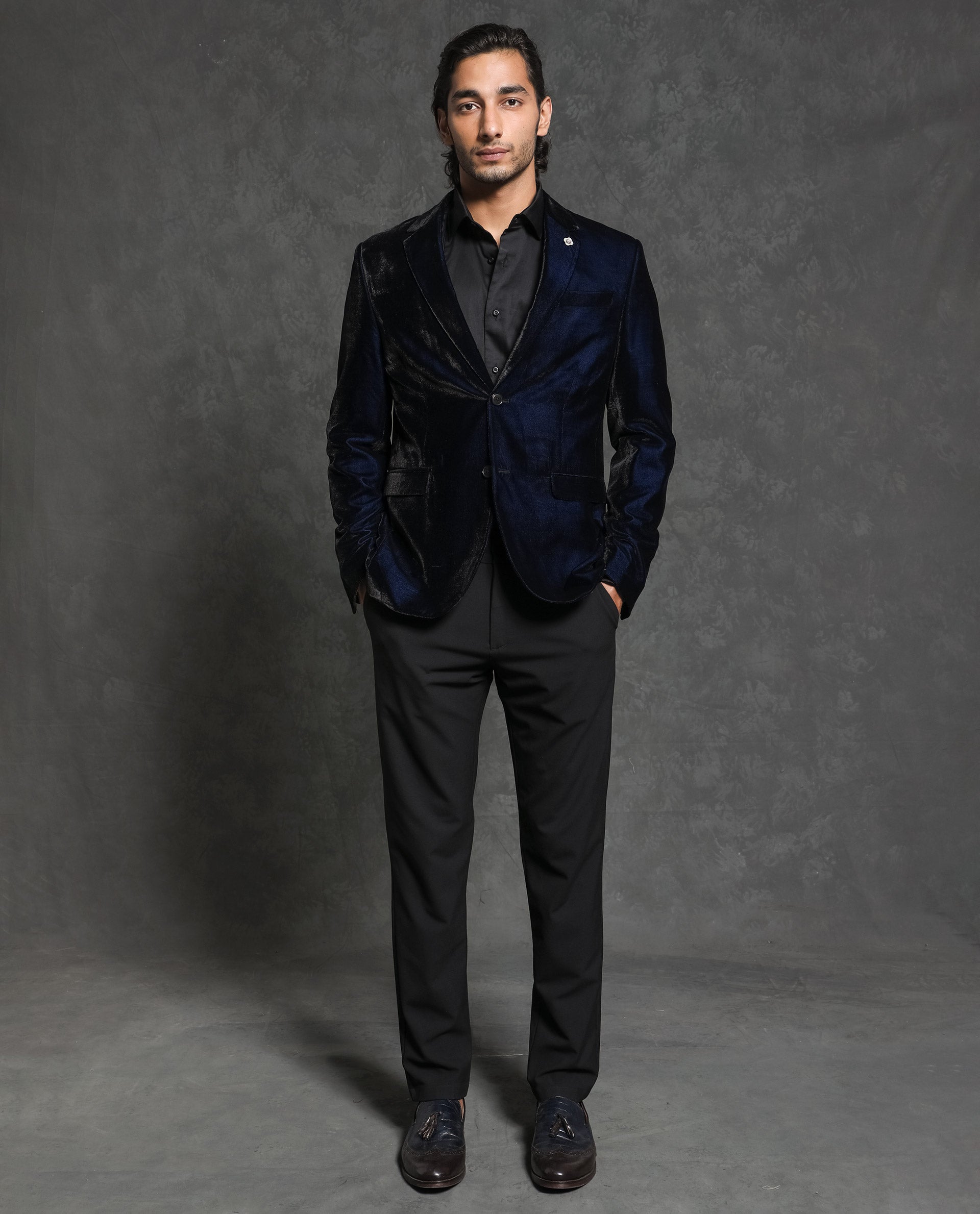Rare Rabbit Men's Velter Dark Blue Polyester Viscose Fabric Single Breasted Tailored Fit Two Tone Velvet Blazer