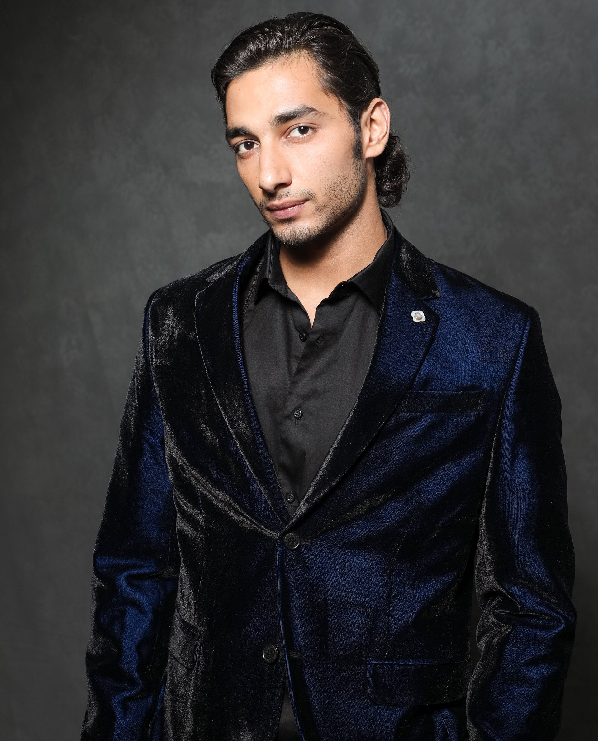 Rare Rabbit Men's Velter Dark Blue Polyester Viscose Fabric Single Breasted Tailored Fit Two Tone Velvet Blazer