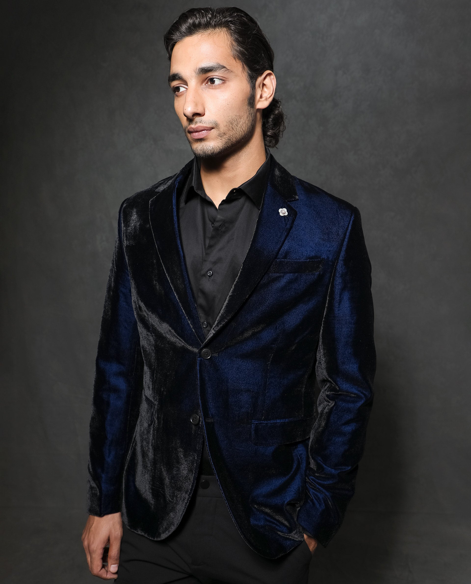 Rare Rabbit Men's Velter Dark Blue Polyester Viscose Fabric Single Breasted Tailored Fit Two Tone Velvet Blazer