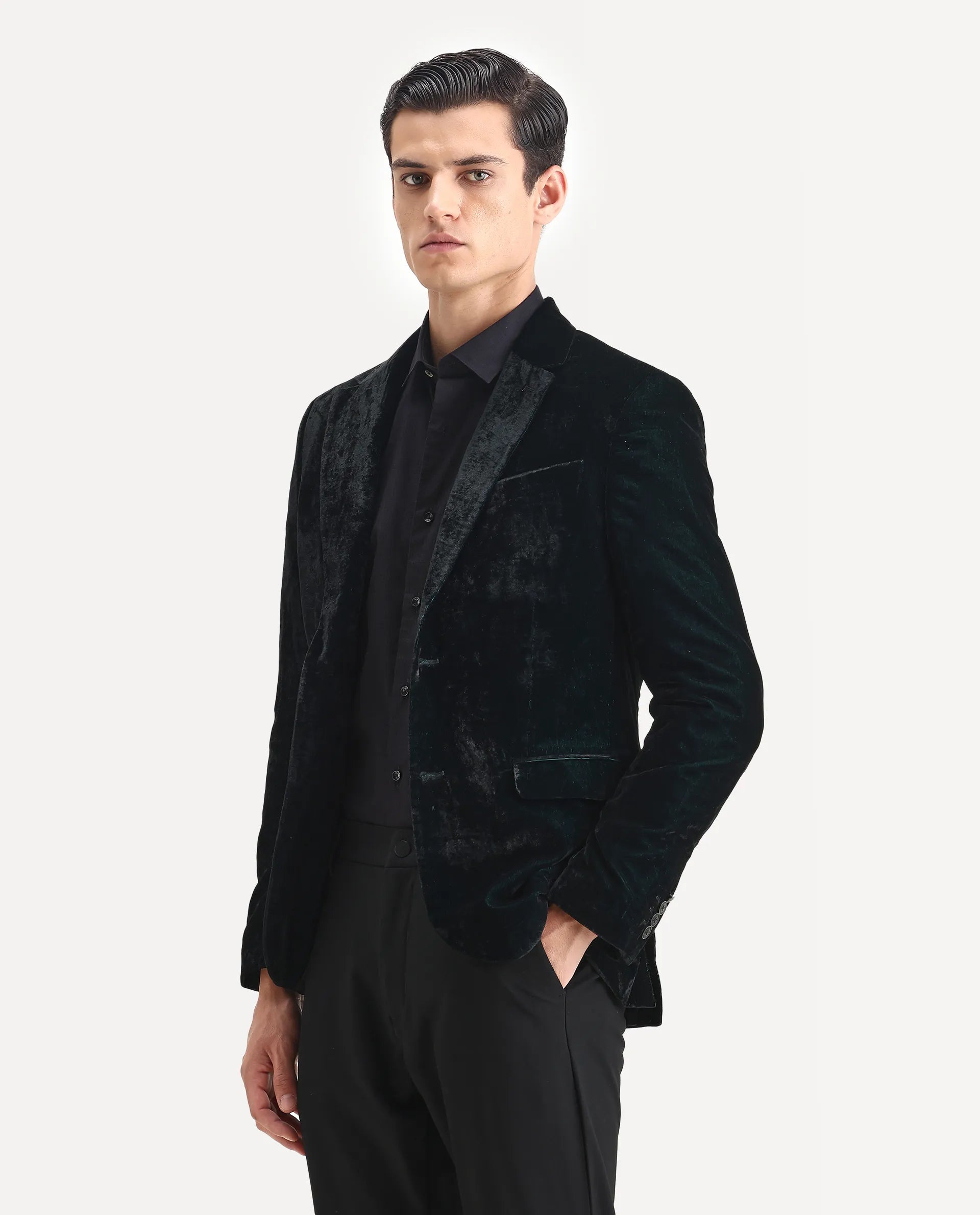 Rare Rabbit Men's Velter Dark Teal Velvet Plain Tailored Fit Full Sleeve Lapel Neck Blazer