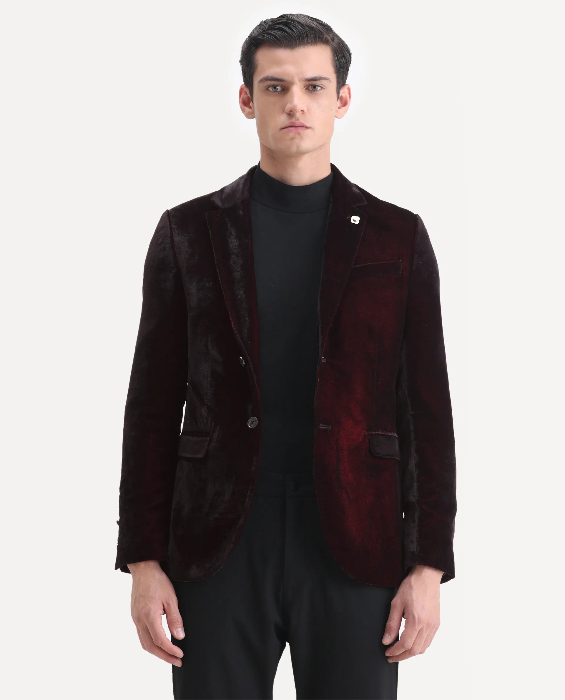 Rare Rabbit Men's Velter Dark Maroon Velvet Plain Tailored Fit Full Sleeve Lapel Neck Blazer