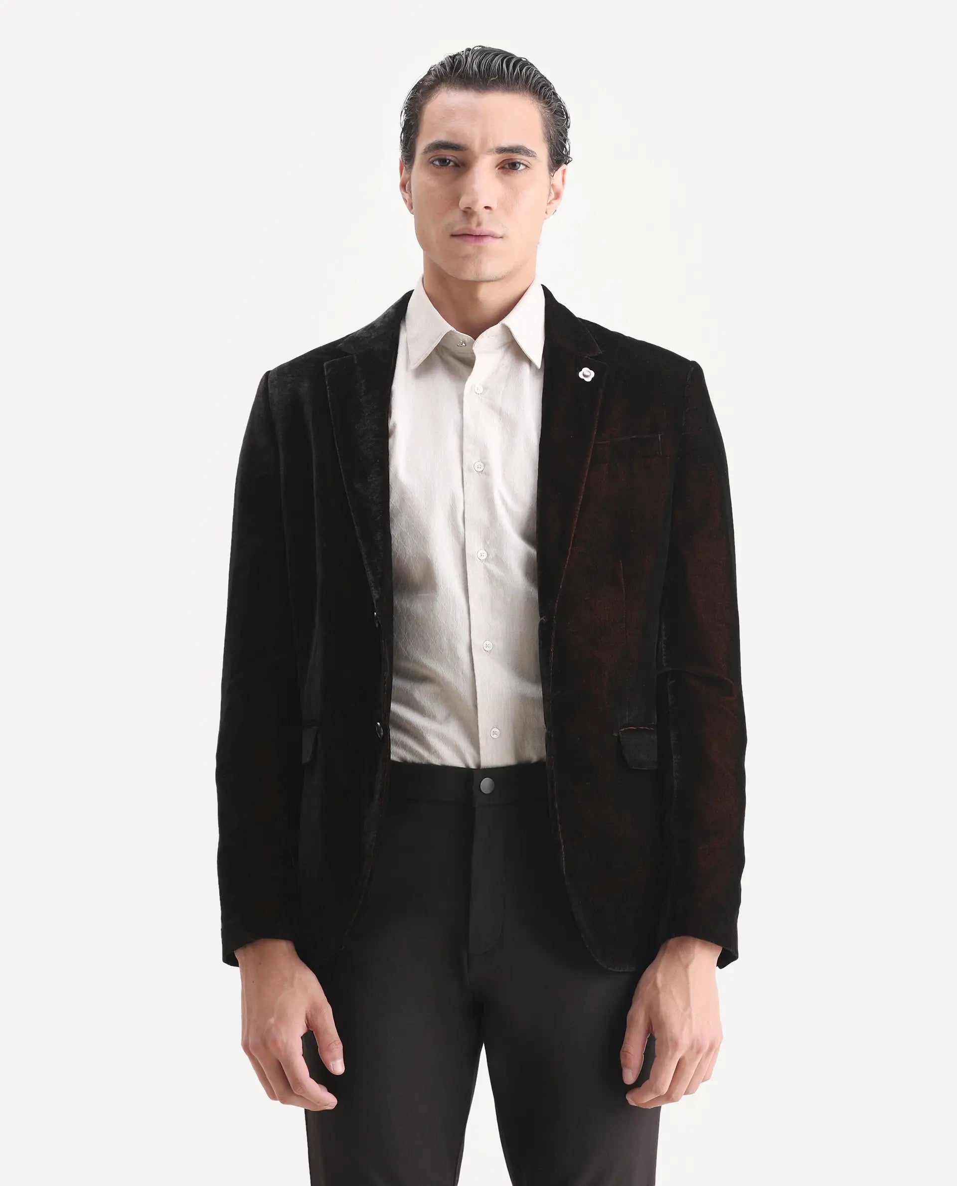 Rare Rabbit Men's Velter Dark Mustard Velvet Plain Tailored Fit Full Sleeve Lapel Neck Blazer