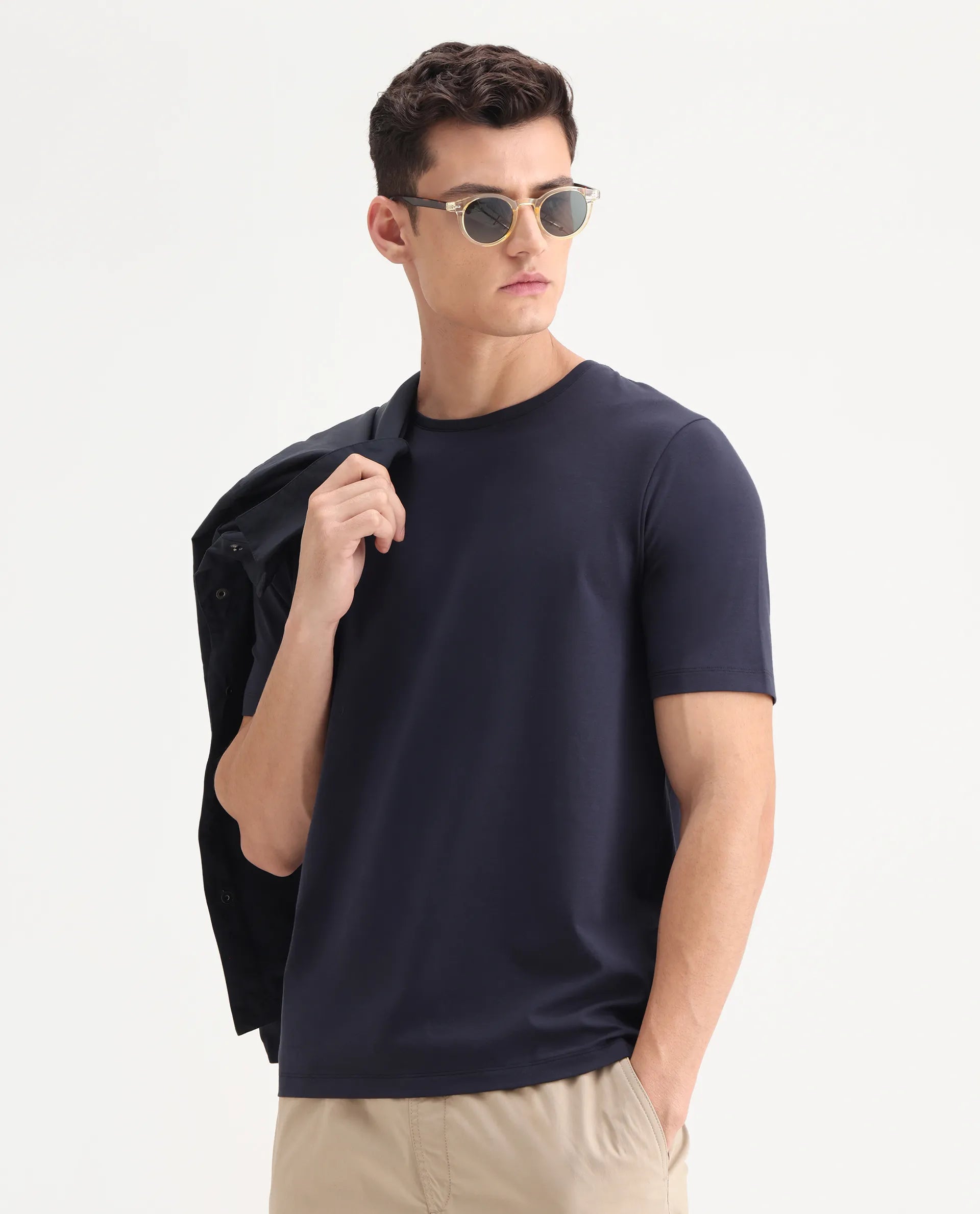 Rare Rabbit Men's Veltra Dark Navy Modal Blend Plain Regular Fit Half Sleeve Crew Neck T-Shirt