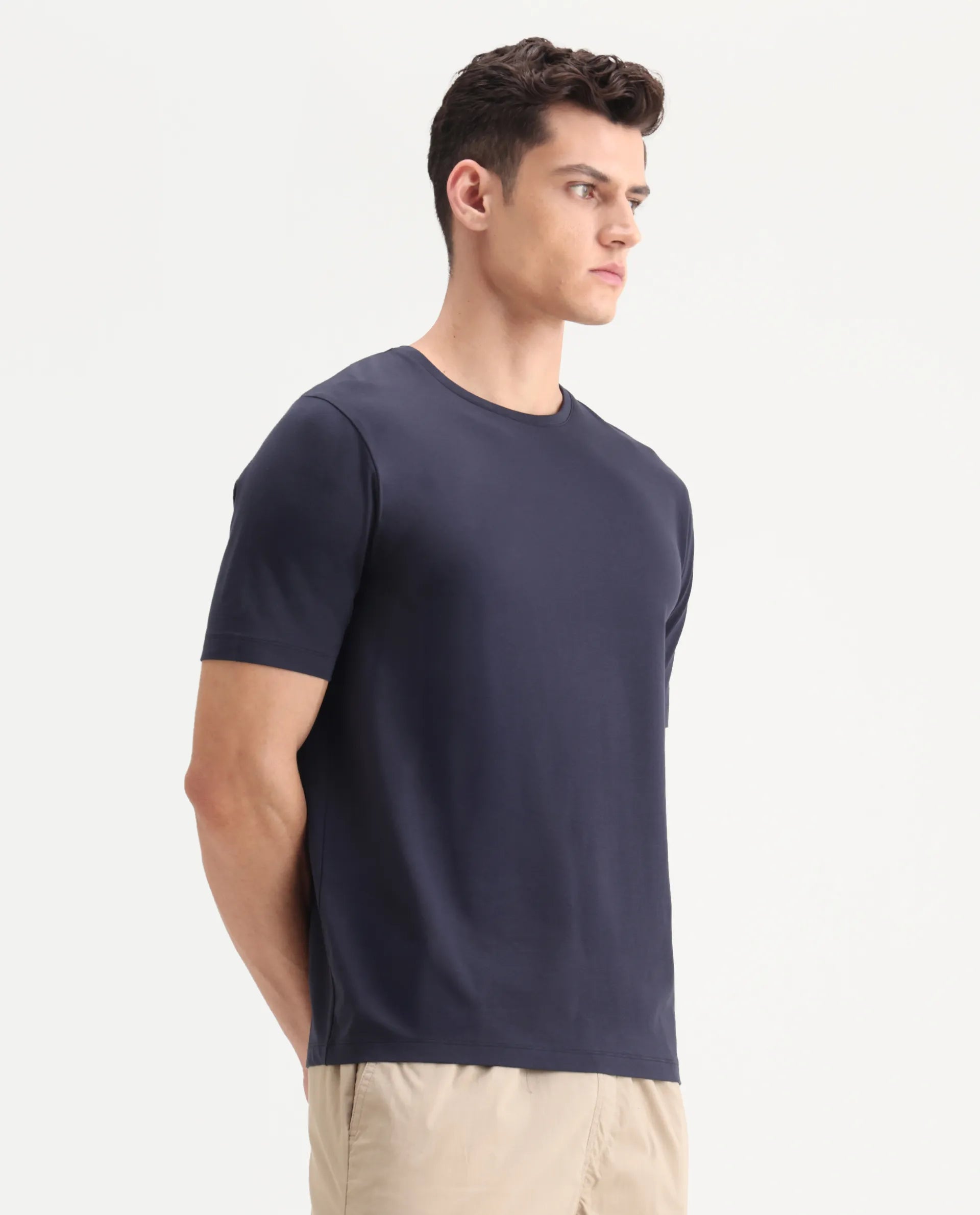 Rare Rabbit Men's Veltra Dark Navy Modal Blend Plain Regular Fit Half Sleeve Crew Neck T-Shirt