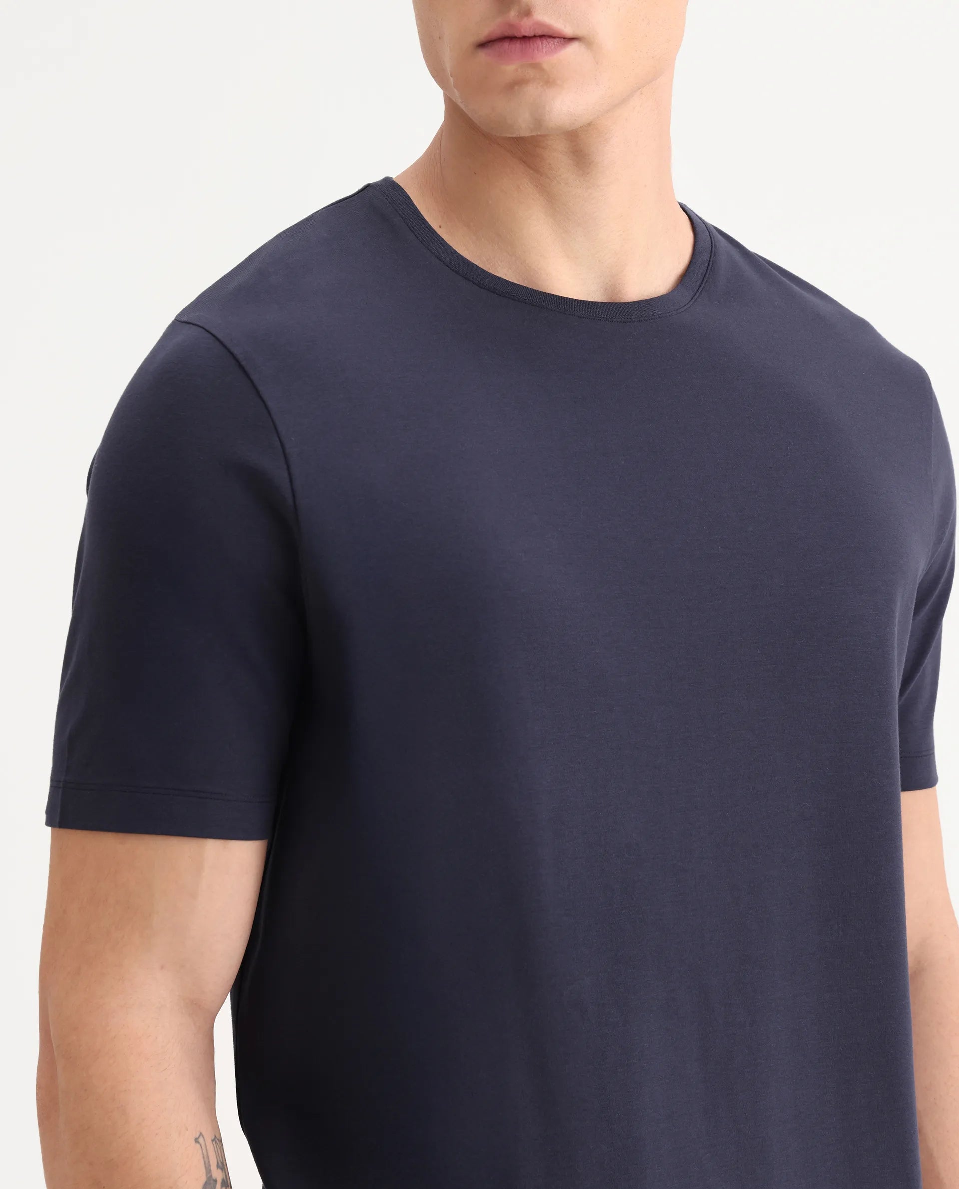 Rare Rabbit Men's Veltra Dark Navy Modal Blend Plain Regular Fit Half Sleeve Crew Neck T-Shirt