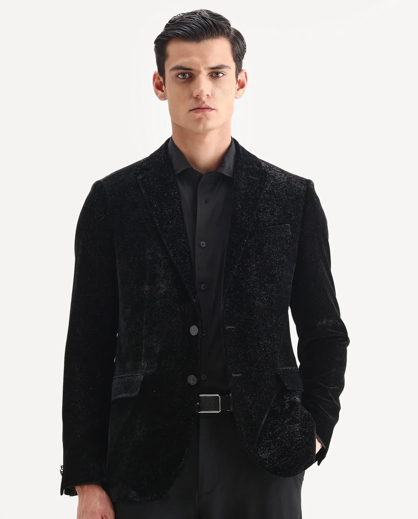 Rare Rabbit Men's Velvi Black Polyester Fabric Full Sleeve Lapel Neck Plain Blazer