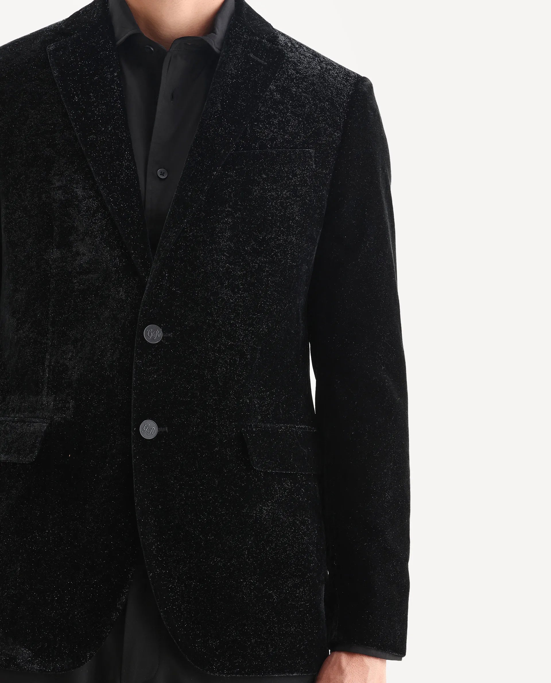 Rare Rabbit Men's Velvi Black Polyester Fabric Full Sleeve Lapel Neck Plain Blazer