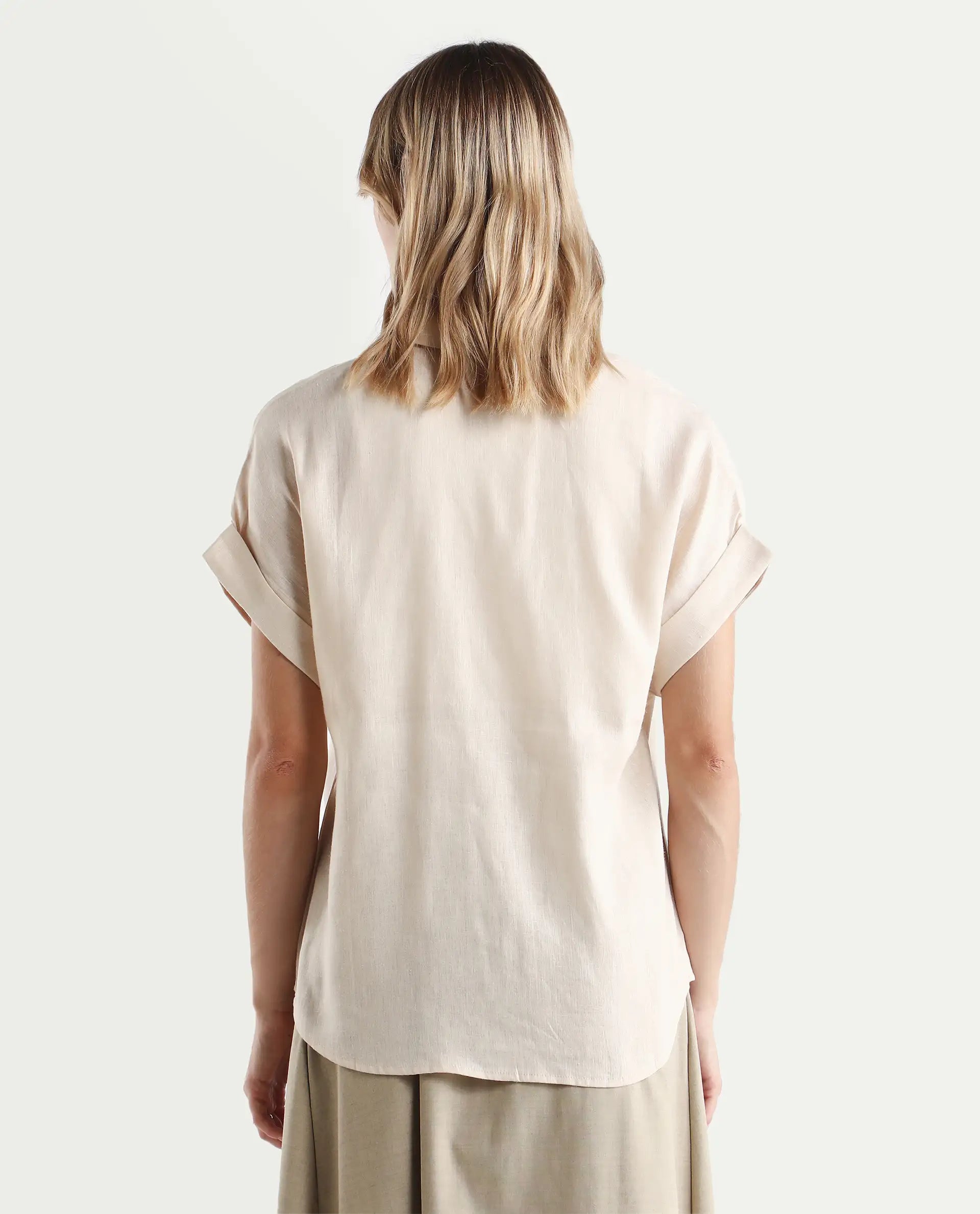 Rareism Women's Venezuela Beige Cotton Linen Drop Collar Plain Extended Sleeves Relaxed Fit Shirt