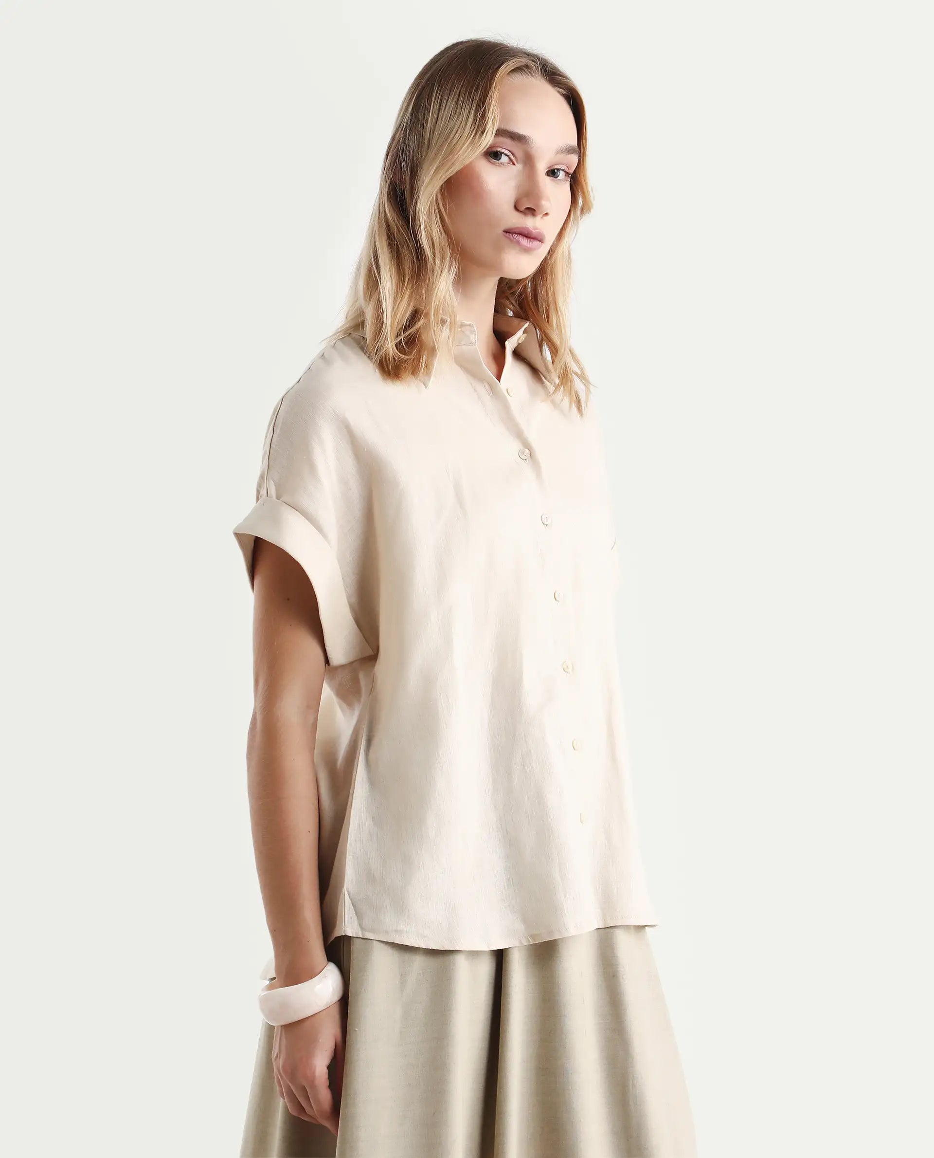 Rareism Women's Venezuela Beige Cotton Linen Drop Collar Plain Extended Sleeves Relaxed Fit Shirt