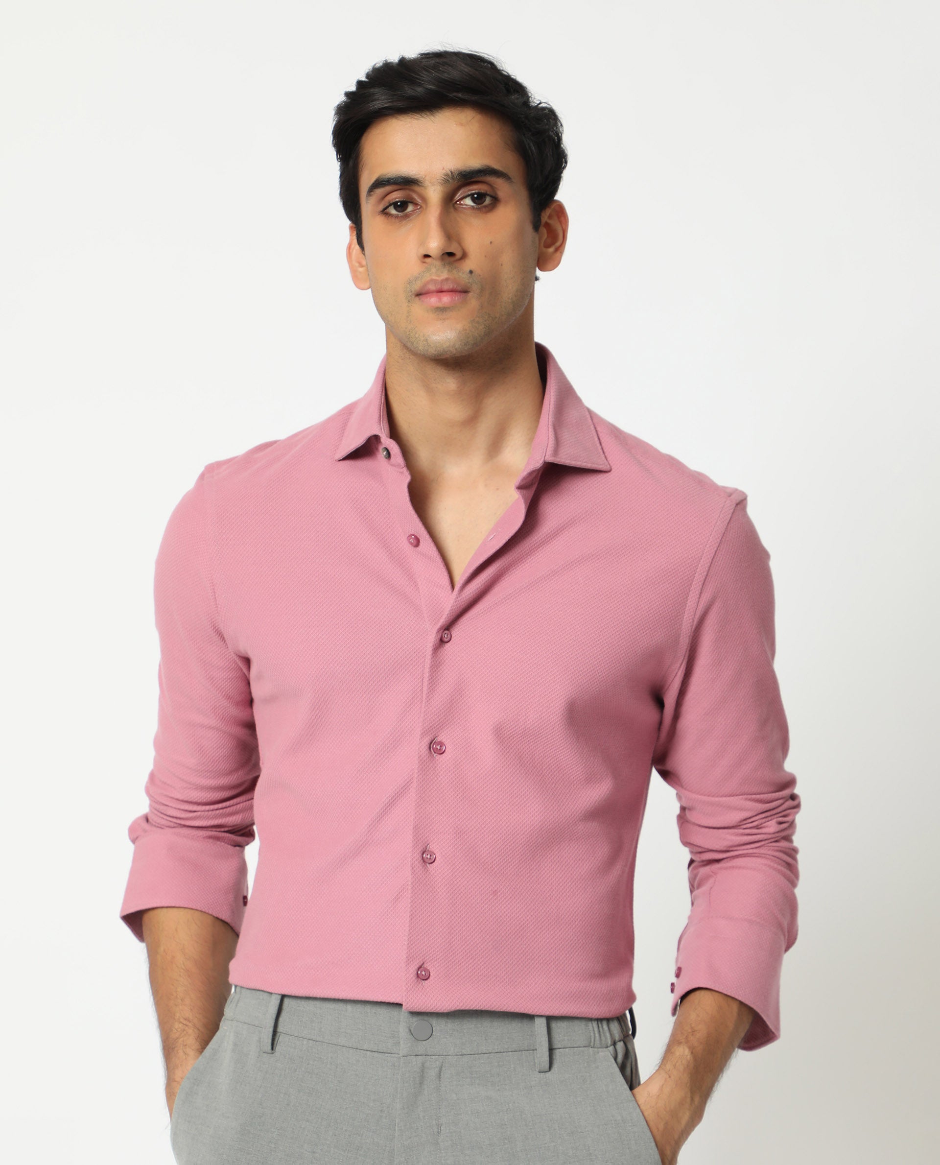 Rare Rabbit Men's Venziya Pink Cotton Knitted Fabric Full Sleeves Solid Shirt