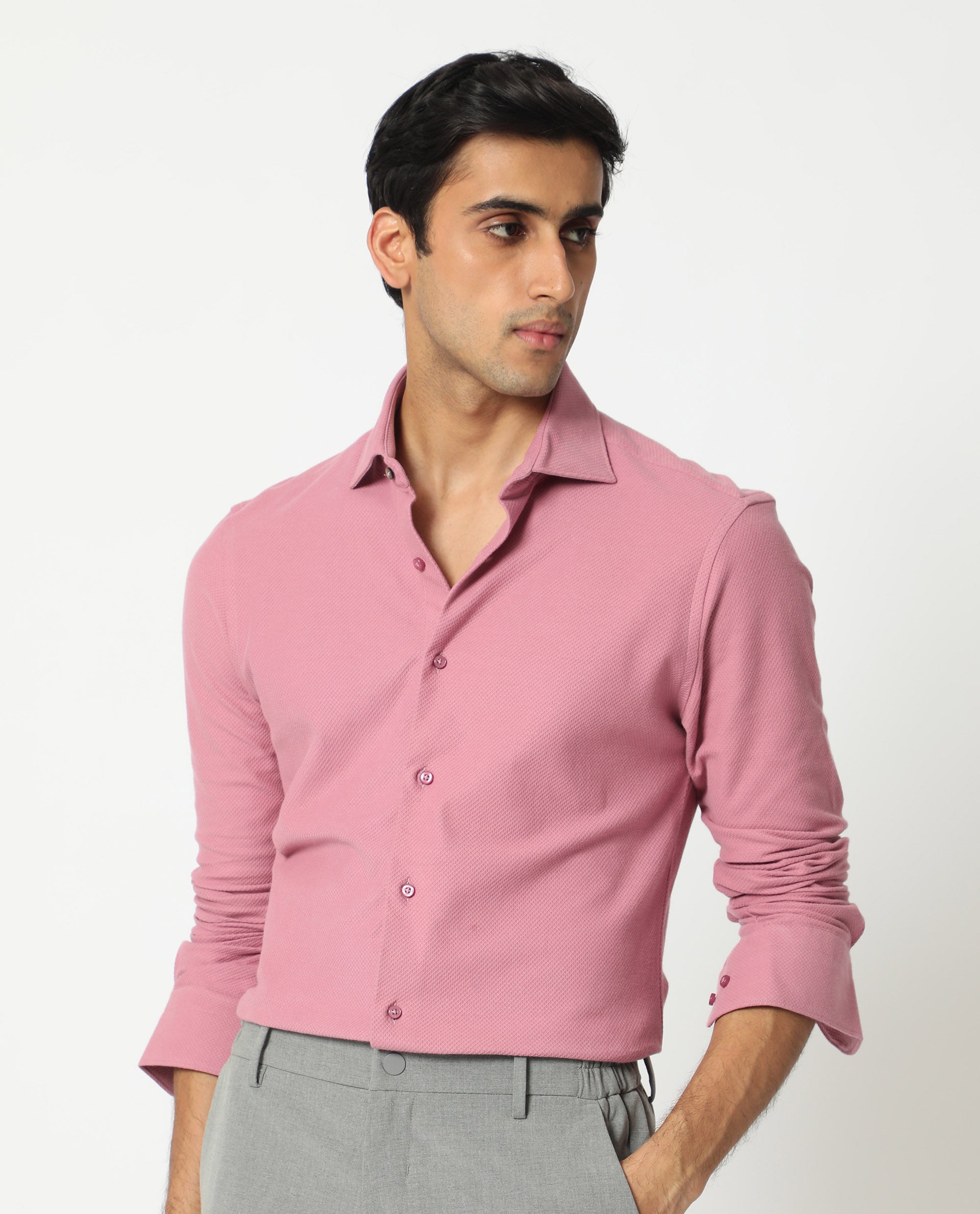 Rare Rabbit Men's Venziya Pink Cotton Knitted Fabric Full Sleeves Solid Shirt