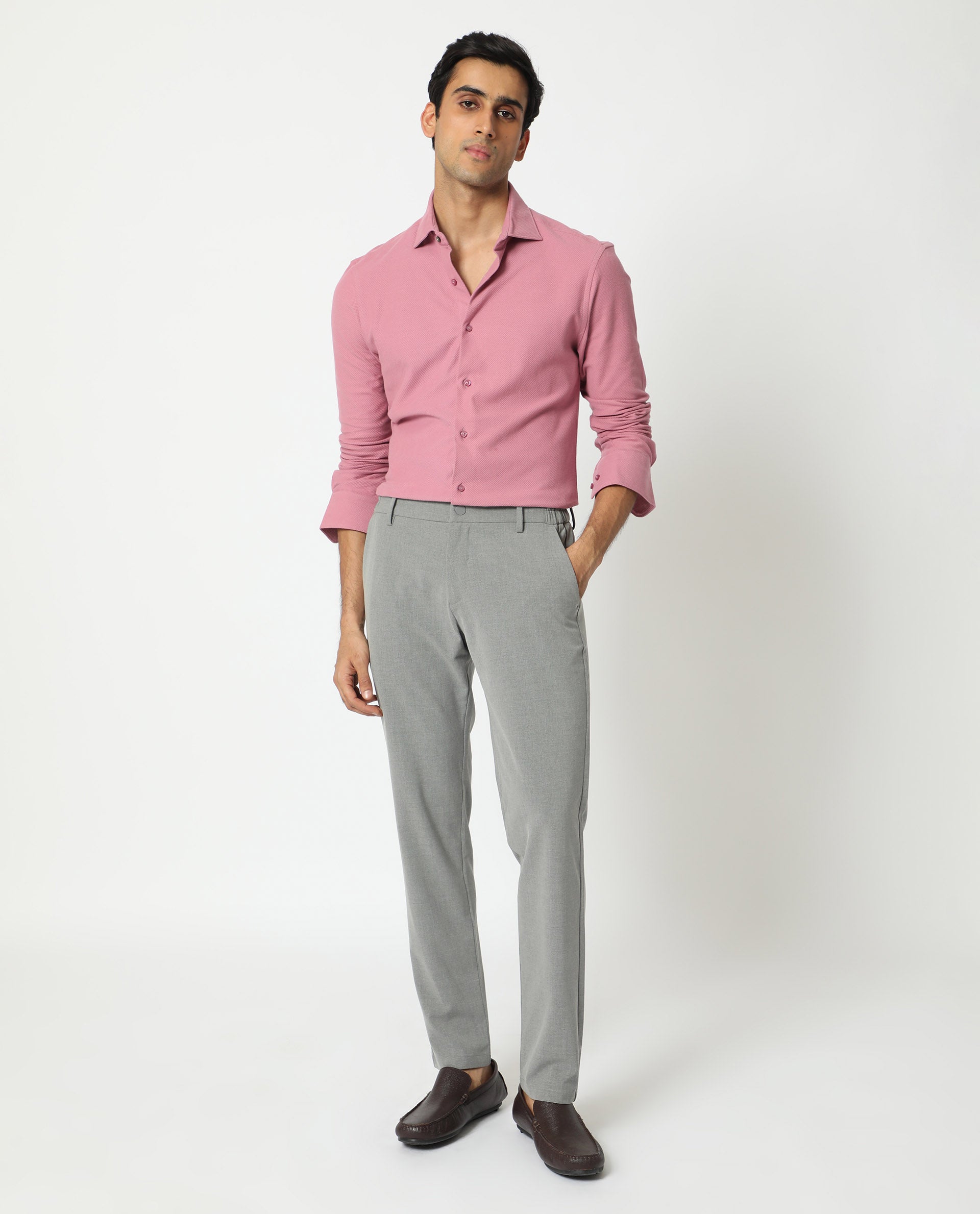 Rare Rabbit Men's Venziya Pink Cotton Knitted Fabric Full Sleeves Solid Shirt