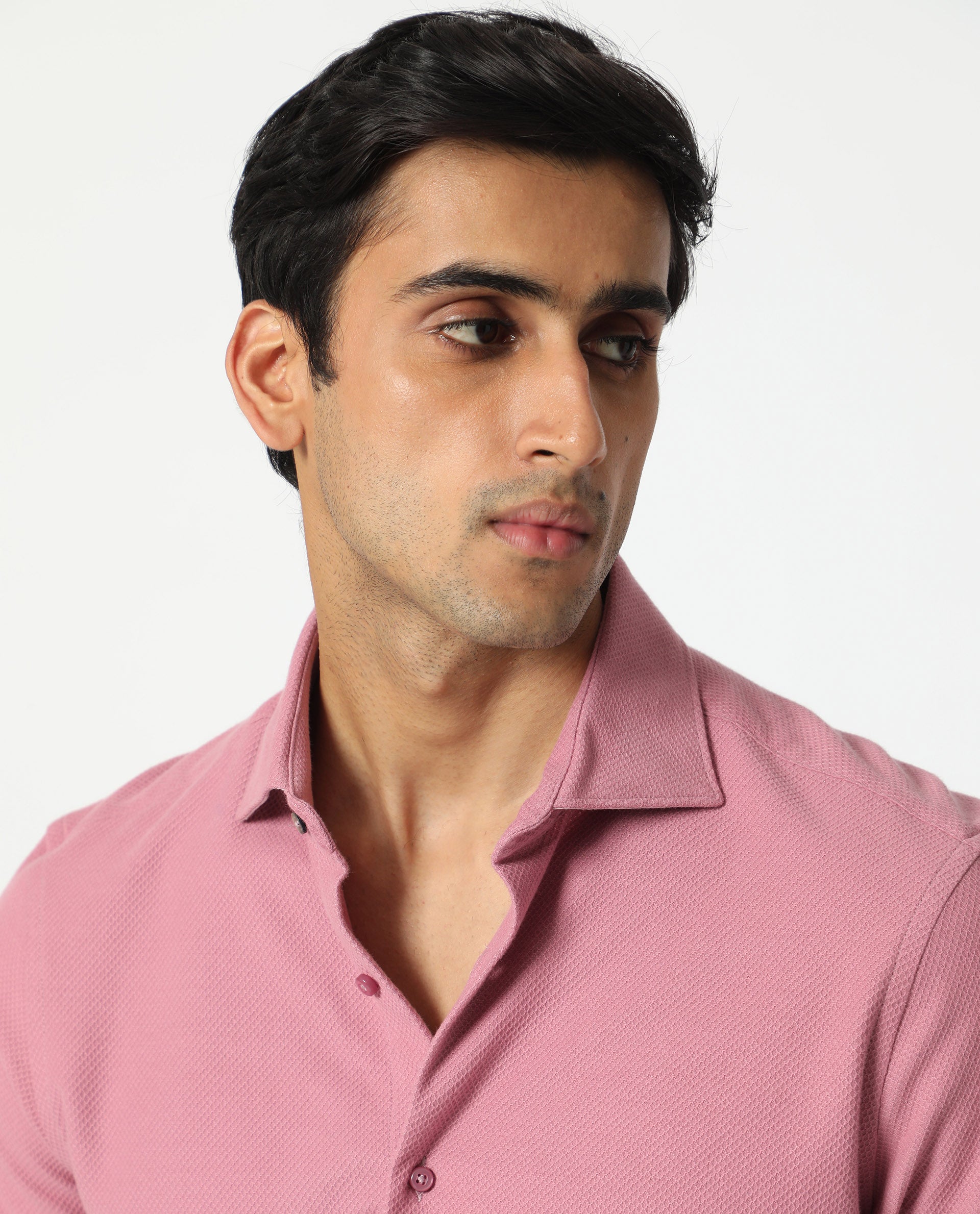 Rare Rabbit Men's Venziya Pink Cotton Knitted Fabric Full Sleeves Solid Shirt