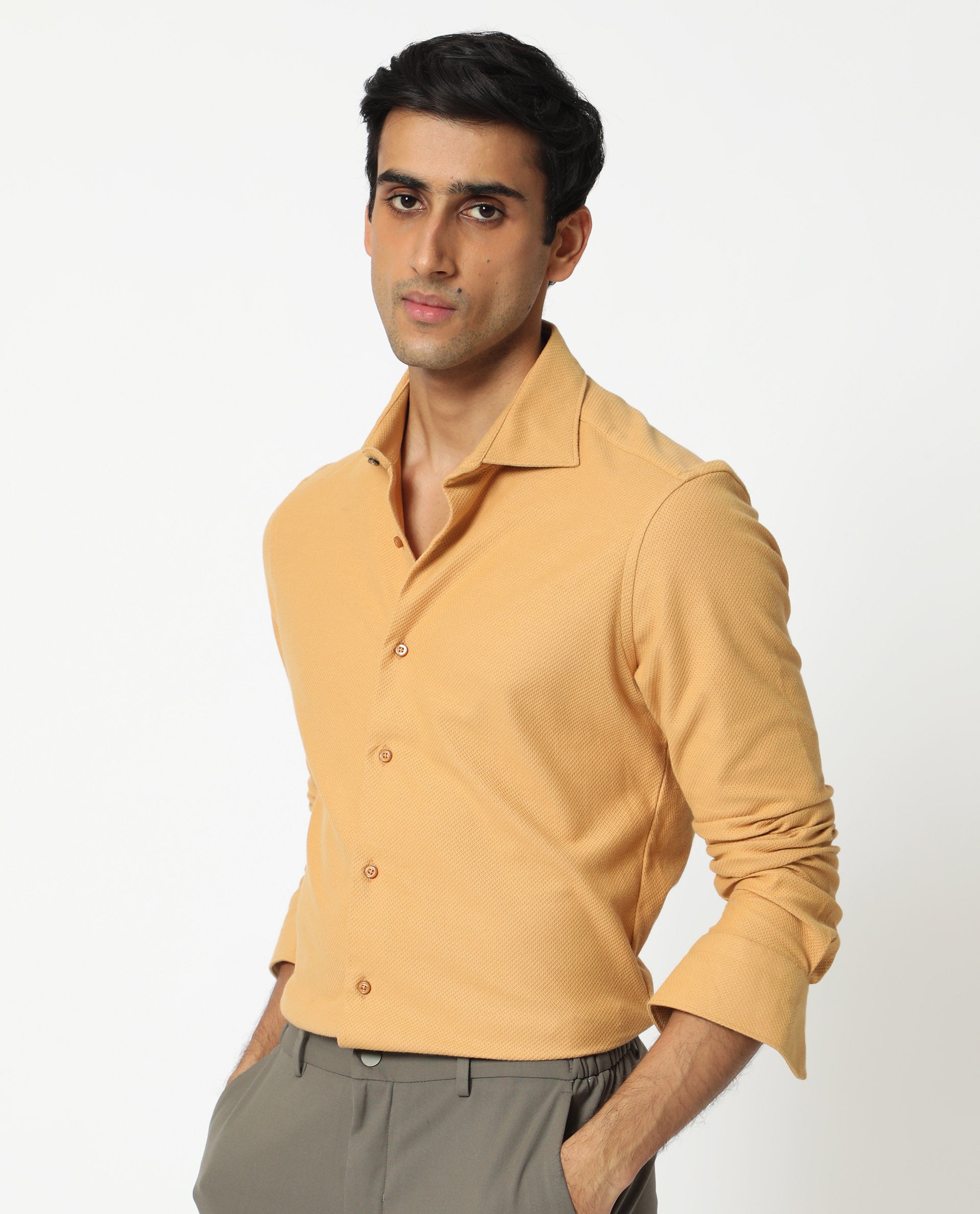 Rare Rabbit Men's Venziya Dark Yellow Cotton Knitted Fabric Full Sleeves Solid Shirt