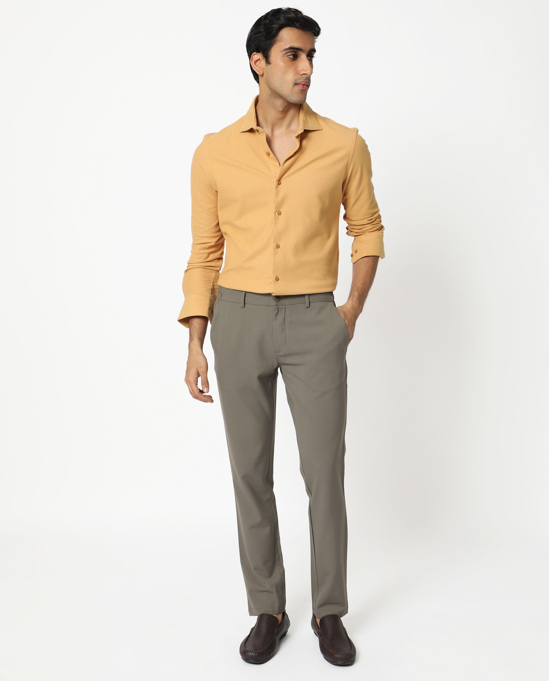 Rare Rabbit Men's Venziya Dark Yellow Cotton Knitted Fabric Full Sleeves Solid Shirt