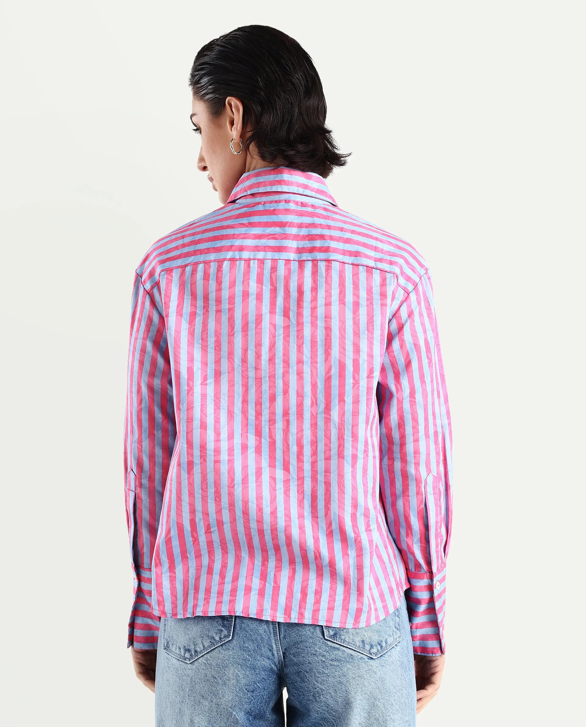 Rareism Women's Venice Pink Cotton Drop Collar Striped Cuffed Sleeve Regular Fit Shirt