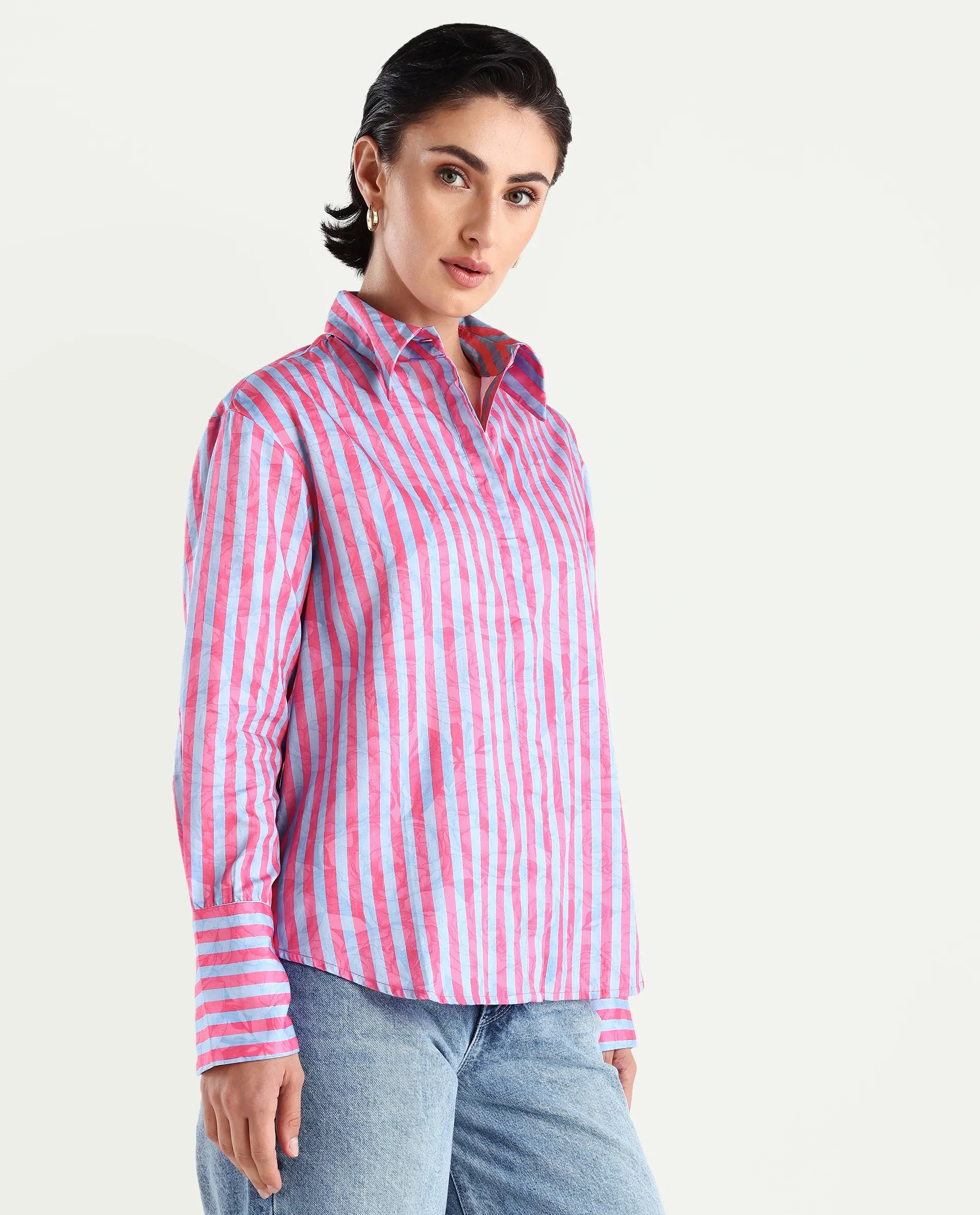 Rareism Women's Venice Pink Cotton Drop Collar Striped Cuffed Sleeve Regular Fit Shirt