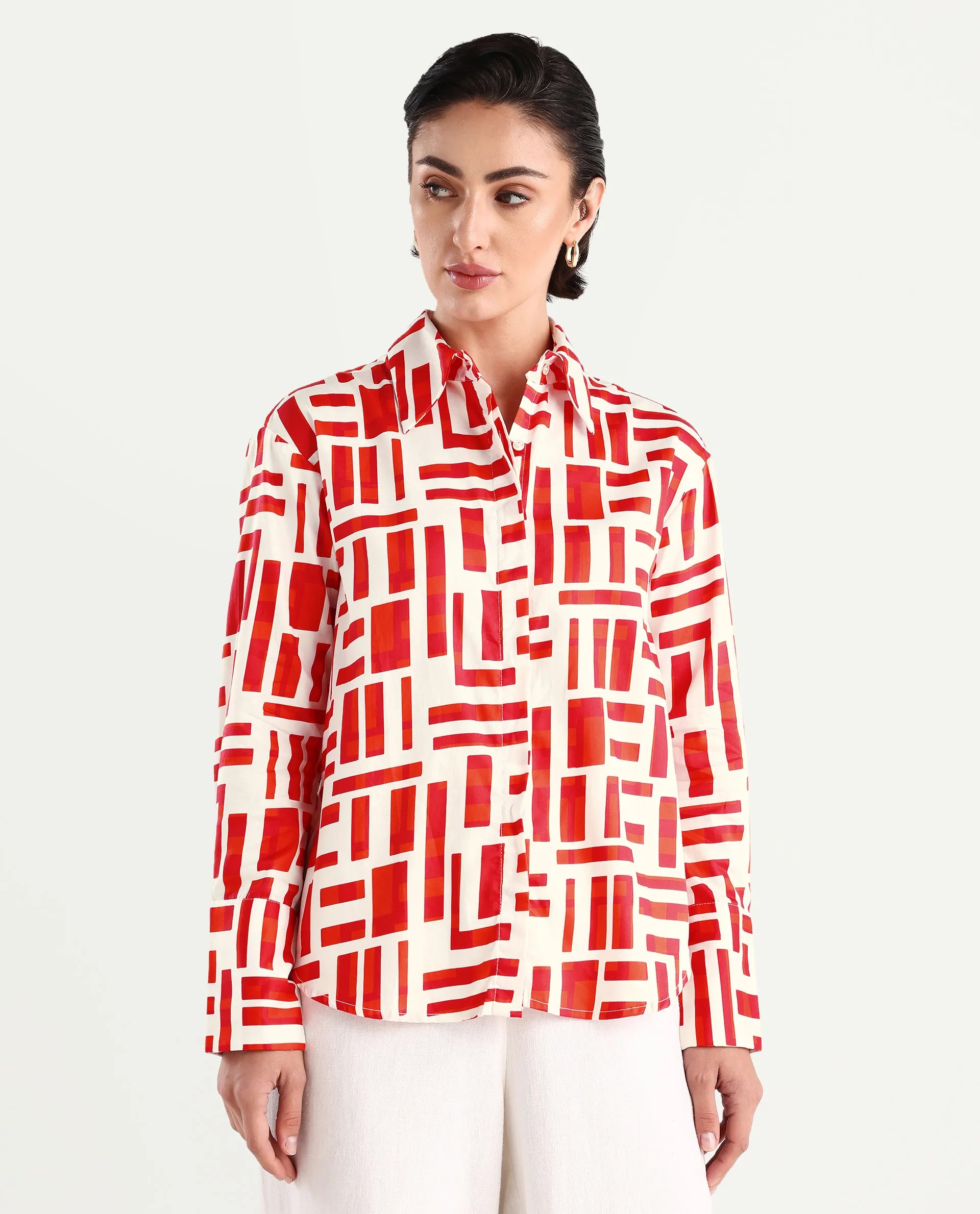 Rareism Women's Venice Red Cotton Drop Collar Geometric Print Cuffed Sleeve Regular Fit Shirt