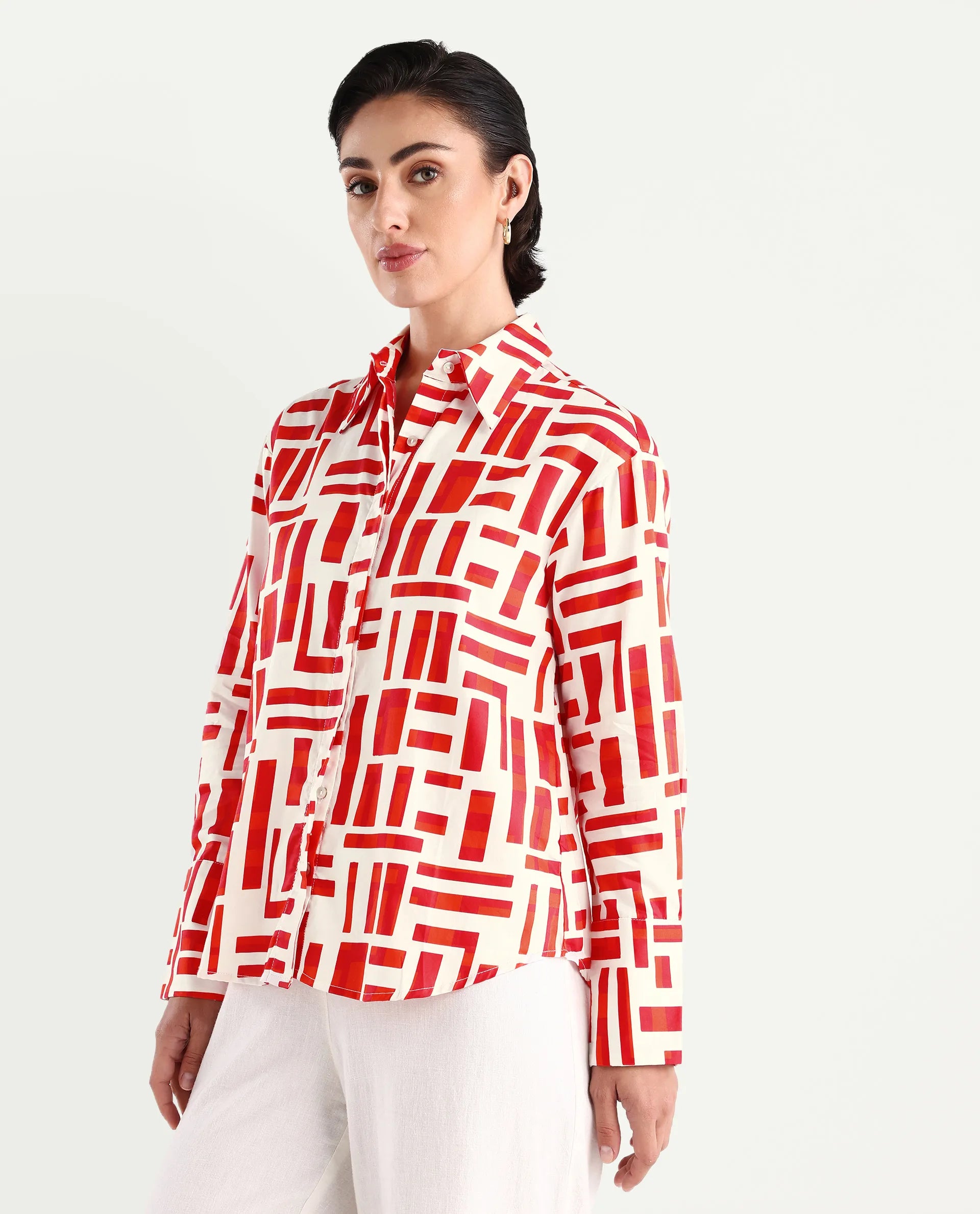 Rareism Women's Venice Red Cotton Drop Collar Geometric Print Cuffed Sleeve Regular Fit Shirt