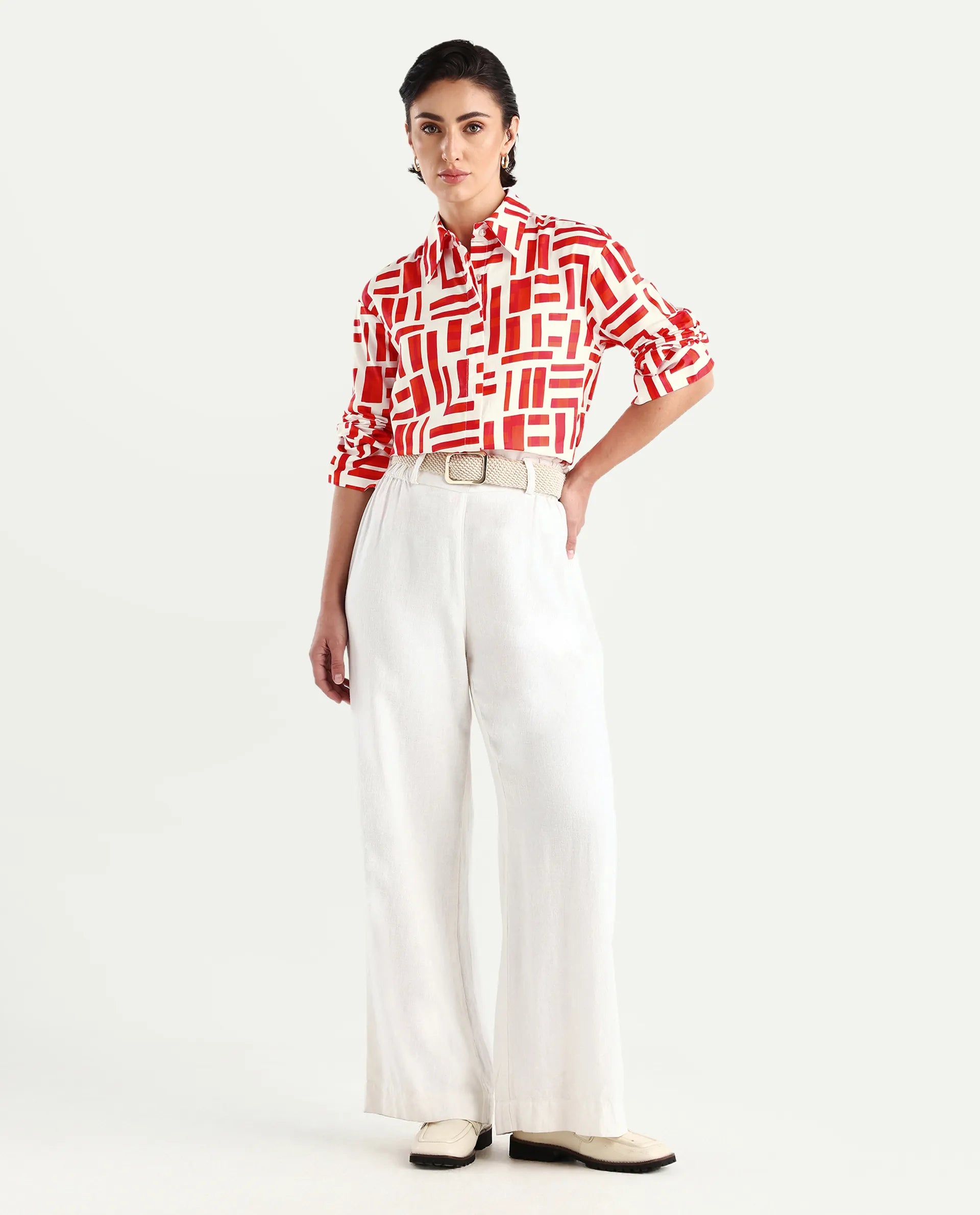 Rareism Women's Venice Red Cotton Drop Collar Geometric Print Cuffed Sleeve Regular Fit Shirt